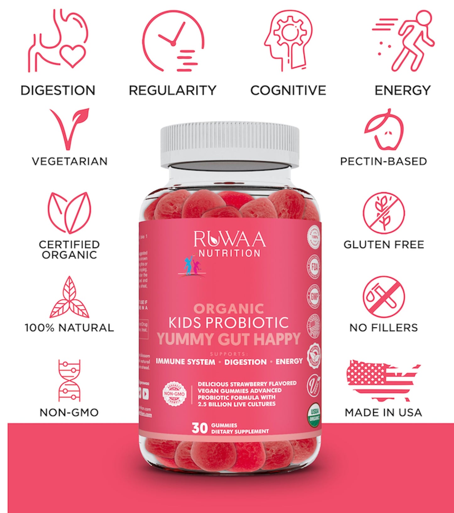 RUWAA NUTRITION Daily Probiotics for Digestive Health Organic Probiotic Gummies for Kids, Chewable, Vegan, 30 Gummies