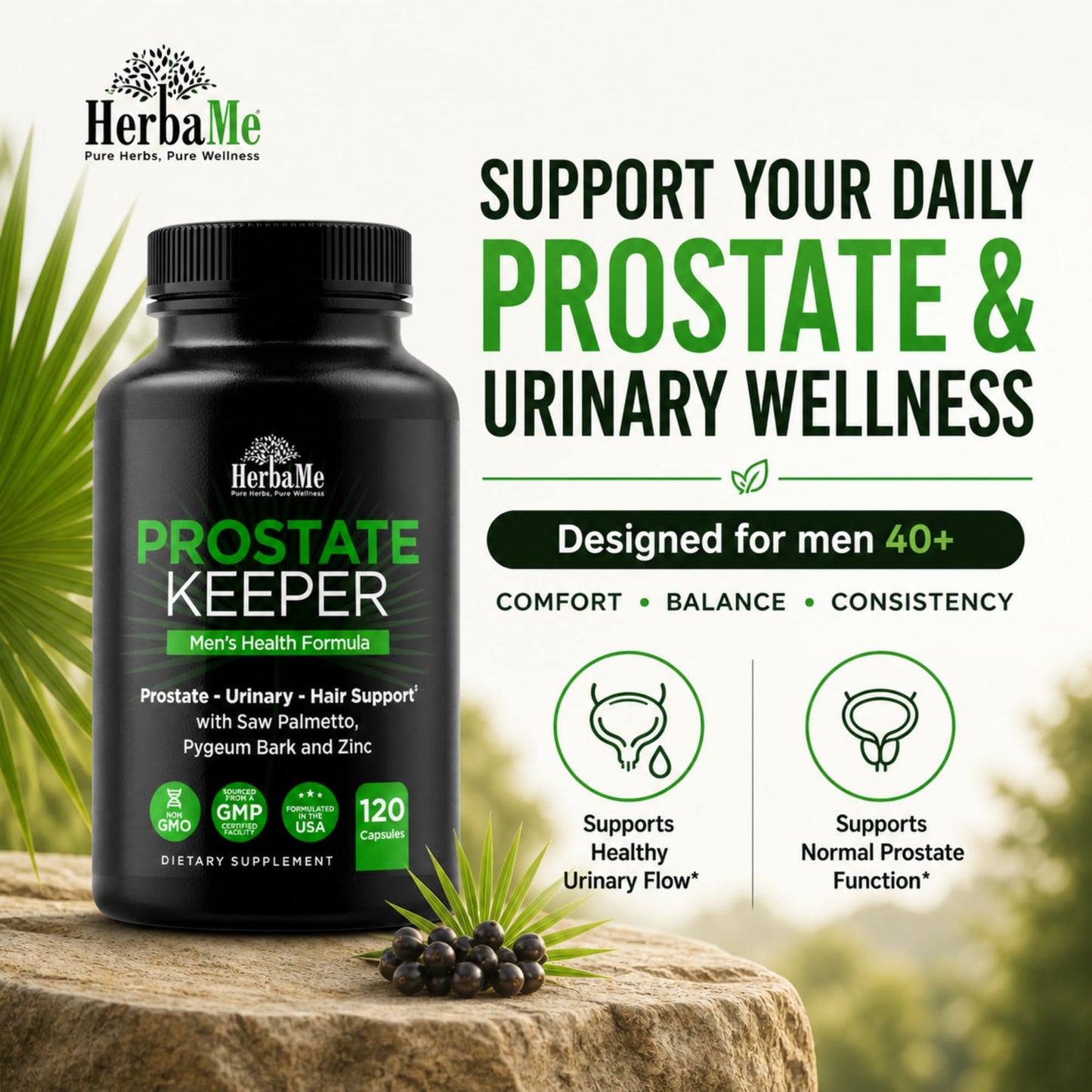 HerbaMe Prostate Support Supplement for Men 40+ with Saw Palmetto, Pygeum Bark & Zinc — Supports Healthy Urinary Flow, Bladder Comfort & Prostate Function, Capsule, 120 Count