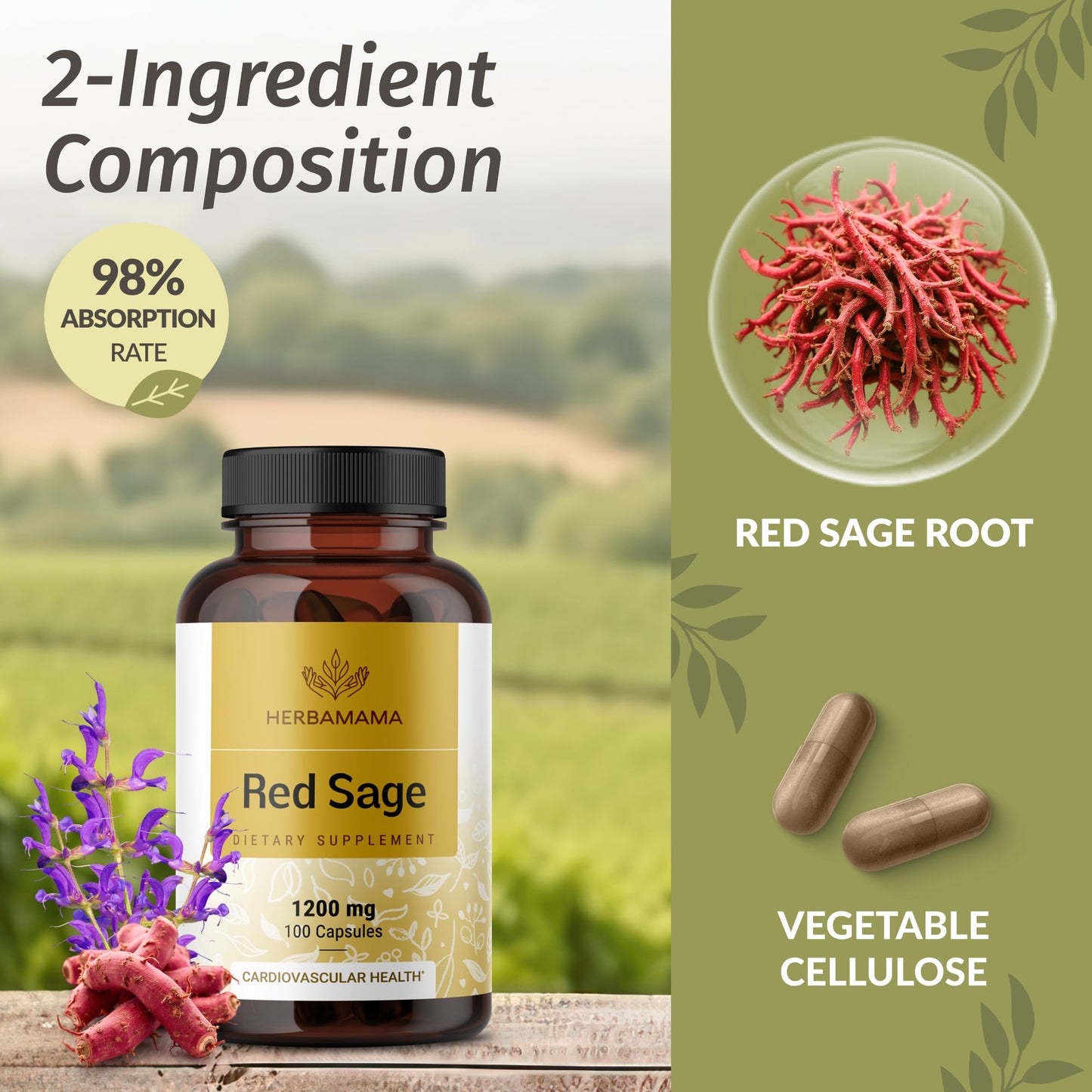 HERBAMAMA Red Sage Root (Dan Shen) Supplement Capsules, 1200mg, 100 Capsules