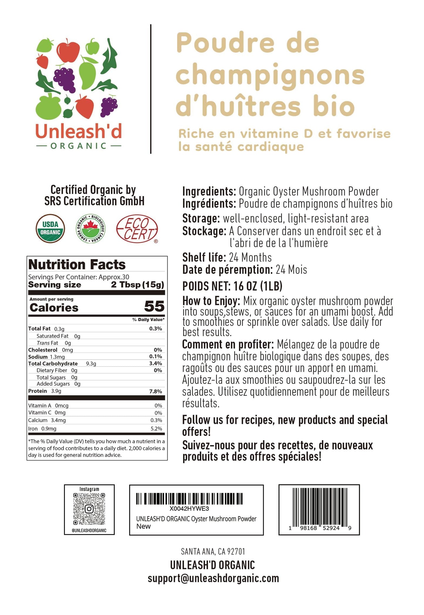 UNLEASH'D ORGANIC Oyster Mushroom Powder 16 oz