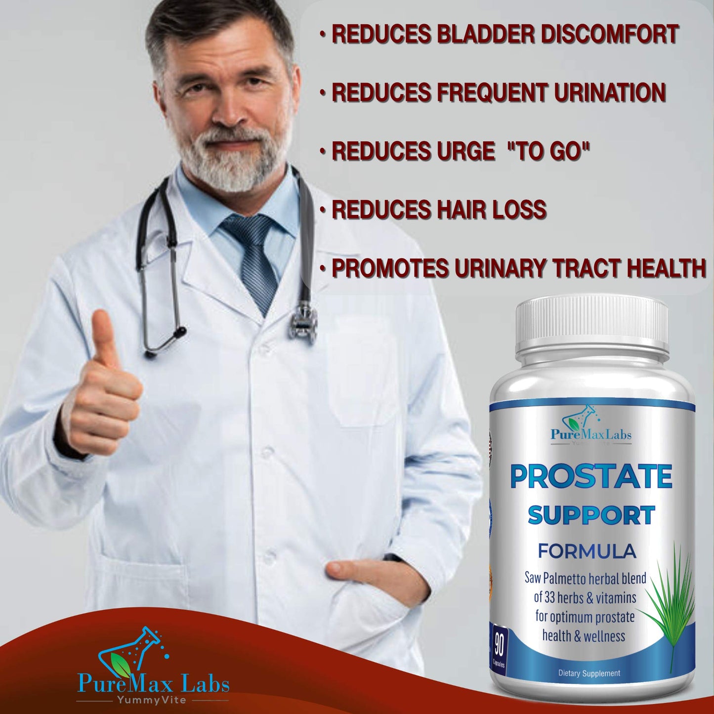 YUMMYVITE Prostate Support Formula for Men - Saw Palmetto, Plant Sterol, 33 Herbs, DHT Blocker, Bladder Control Prostate Supplement, 90 Capsules