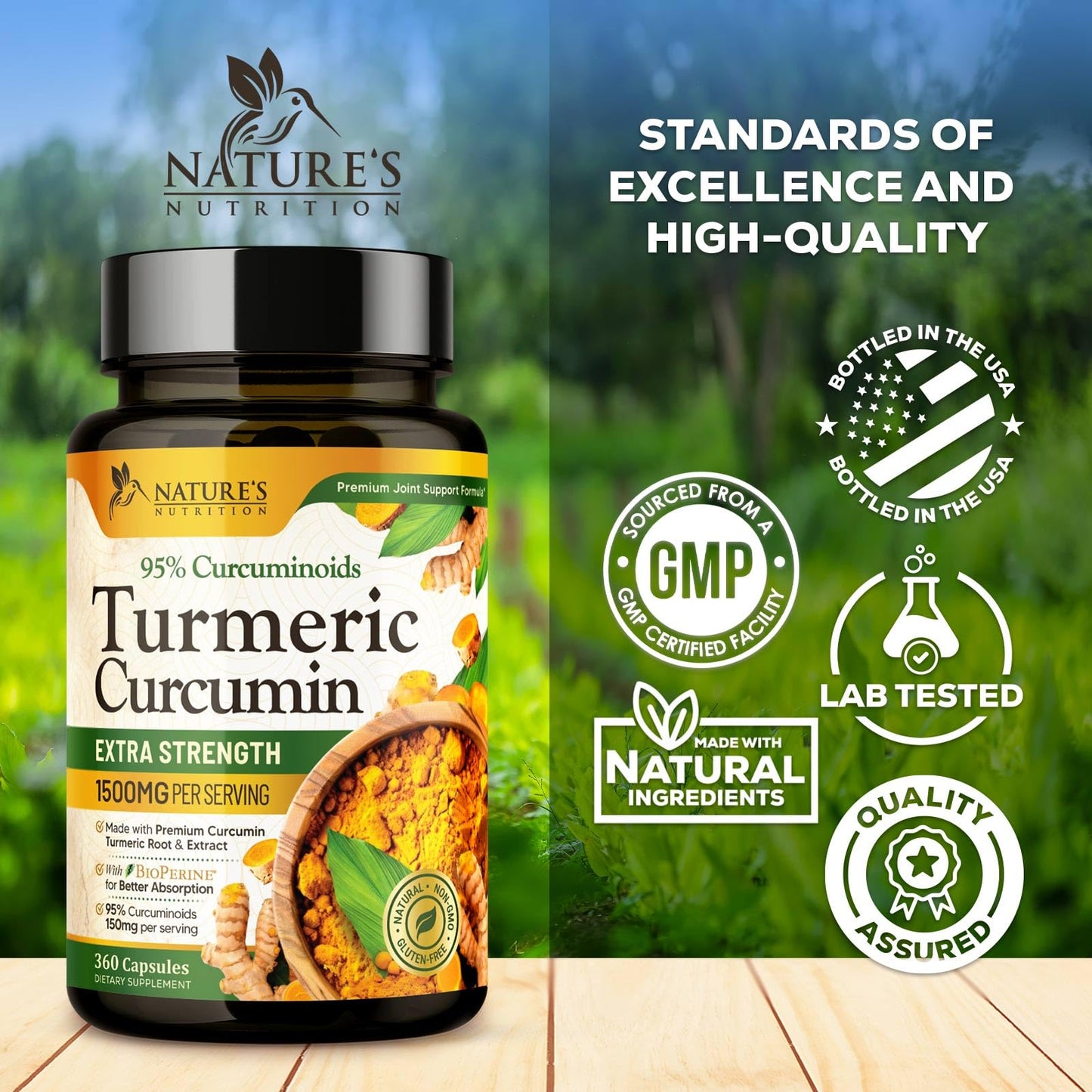 Nature's Nutrition Turmeric Curcumin Supplement 1500mg Capsules, 360 Count