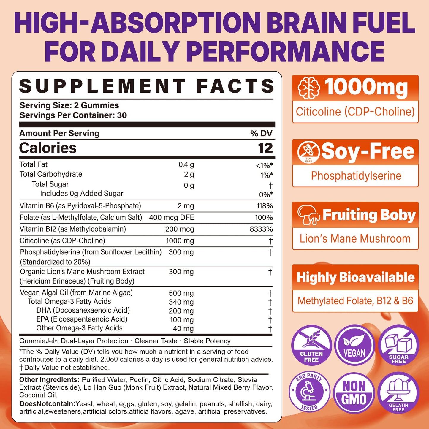 NEVISS Citicoline 1000mg & Phosphatidylserine 300mg Gummies, 60 Count