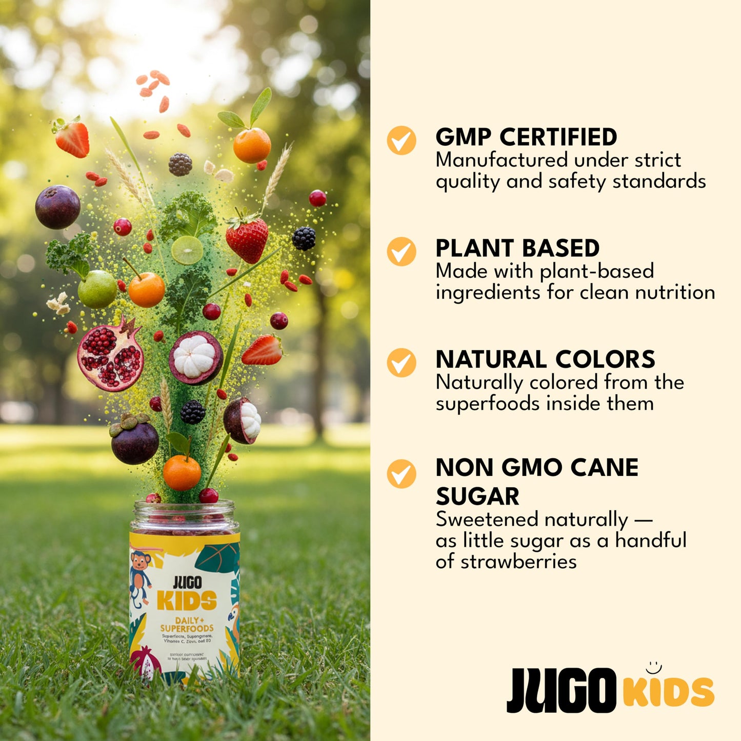 JUGO LLC Kids Daily + SUPERFOODS Multivitamin Gummies for Picky Eaters with Super Greens & Super Fruits, Vitamin C, A, and Zinc with Biotin, Gluten-Free, Non-GMO, 50 Gummies