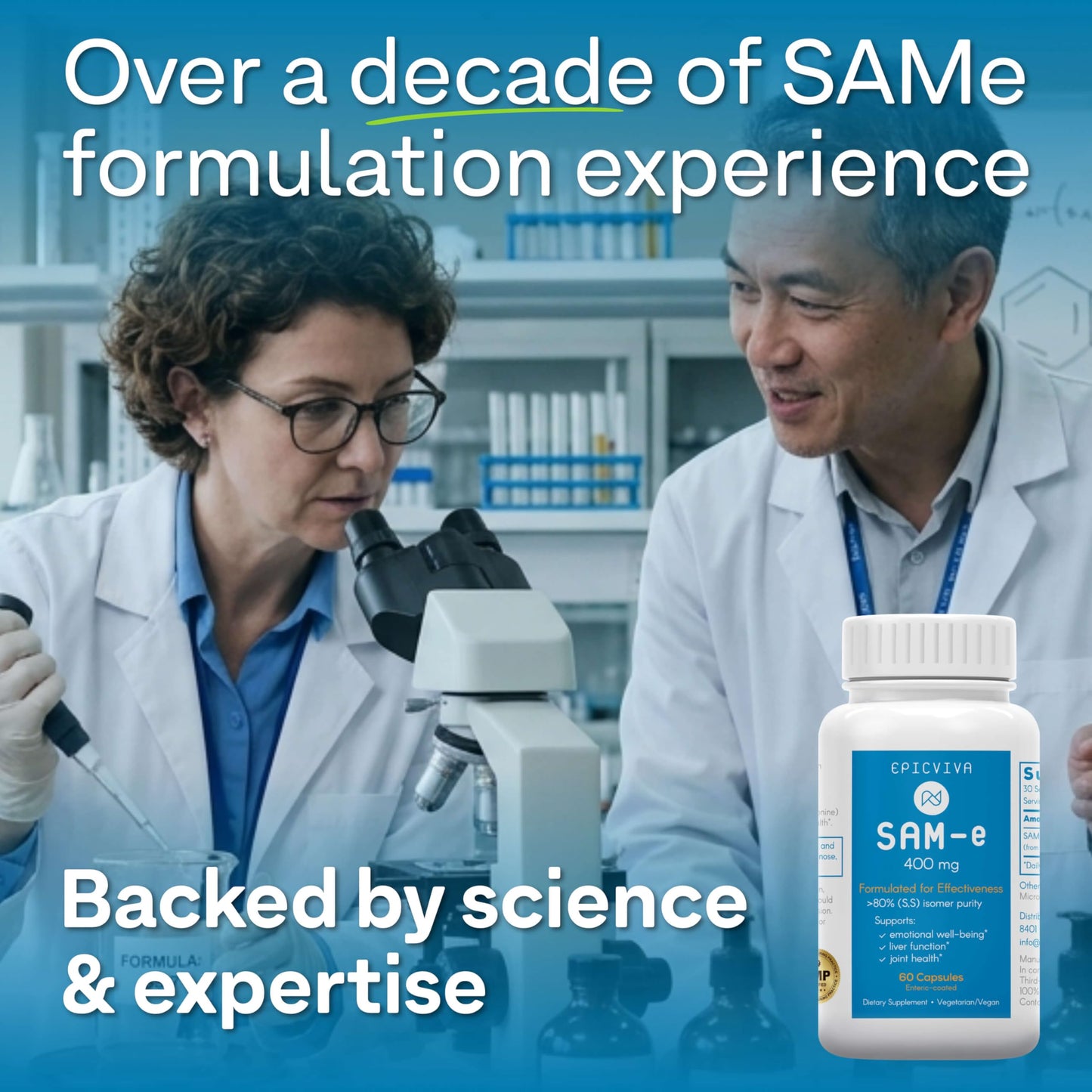 EPICVIVA SAMe 400 mg Capsule, >80% Active S,S Form, Supports Mood, Joints & Liver, 60 Count