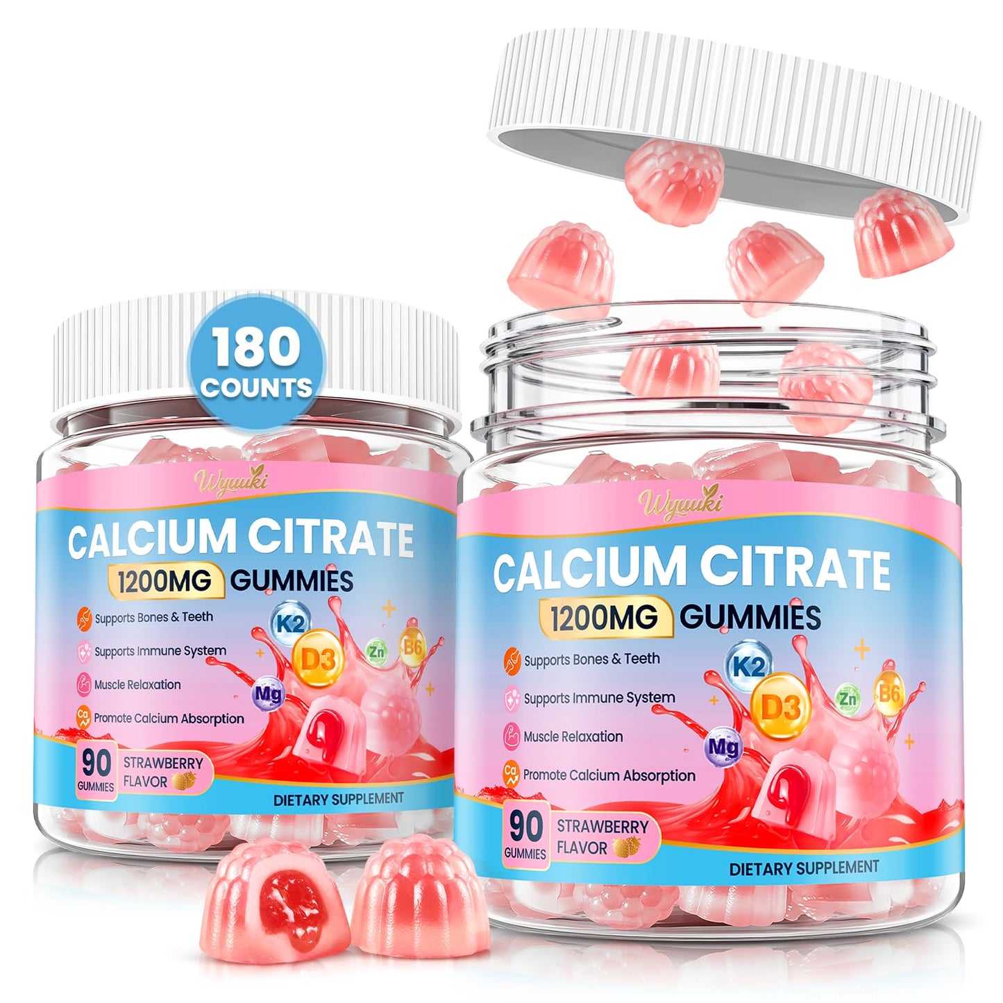 WyuuKi Calcium Citrate Magnesium Zinc 1500mg for Kids & Adults Sugar-Free Multivitamin D3 K2 (MK-7), B6 Chewable Gummies Extra Strength-Ultimate Absorption Vegan 90 Count