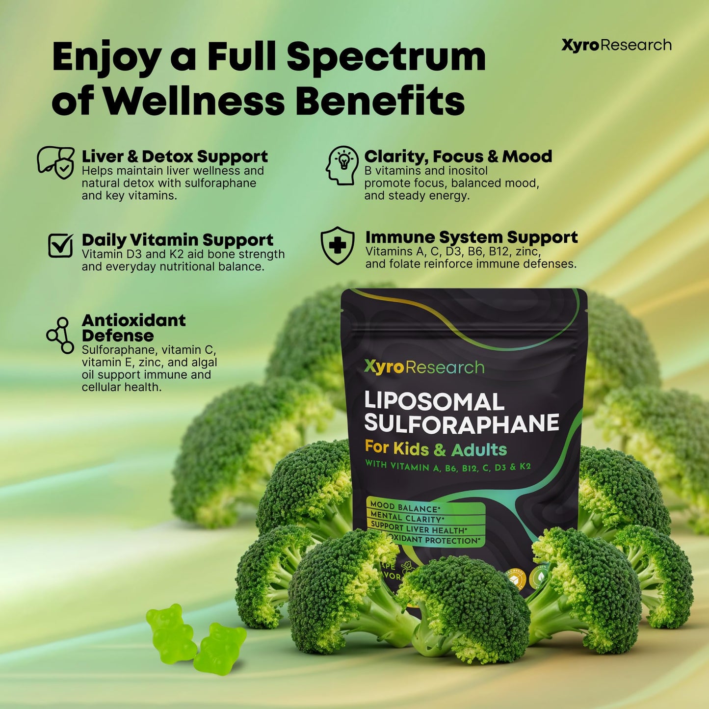 Xyro Research Liposomal Sulforaphane Gummies - 150mg Broccoli Sprout Extract with Vitamins for Kids & Adults - Antioxidant Cellular Health & Liver Detox Support - Non-GMO, Vegan, Sugar-Free, 60 Gummies