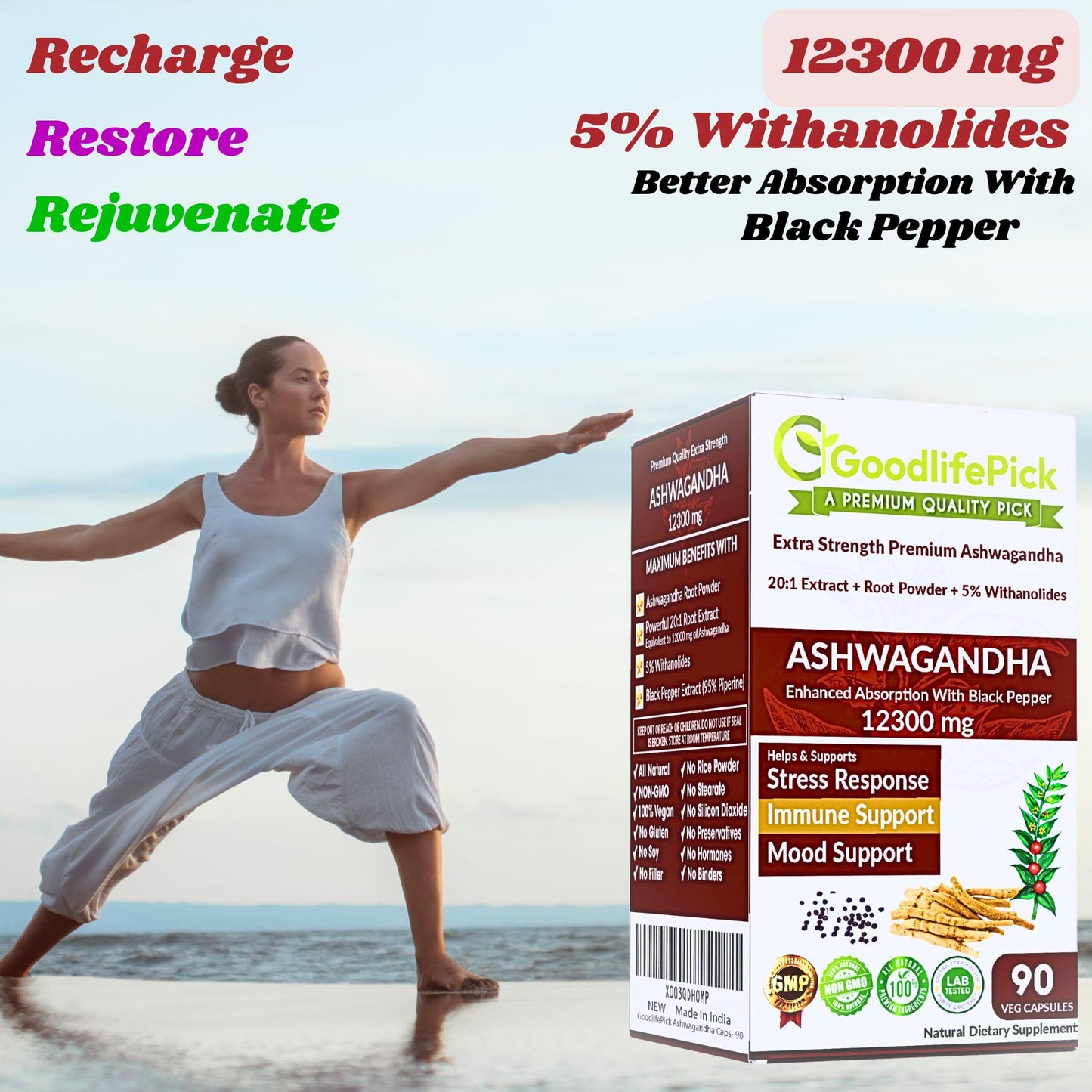 GoodlifePick Ashwagandha Capsules with Black Pepper, 20:1 Ashwagandha Extract, 5% Withanolides, 180 Capsules