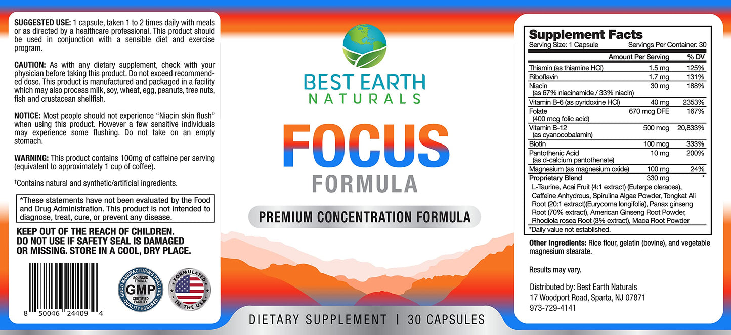 Best Earth Naturals Focus Formula Supplement to Support Concentration 30 Capsules