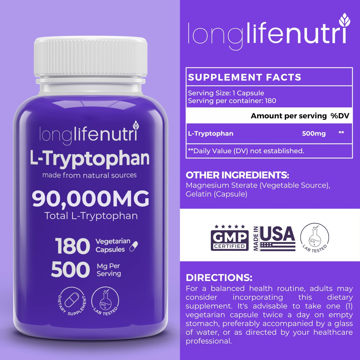 LongLifeNutri L-Tryptophan 500mg Capsules, 180 Count