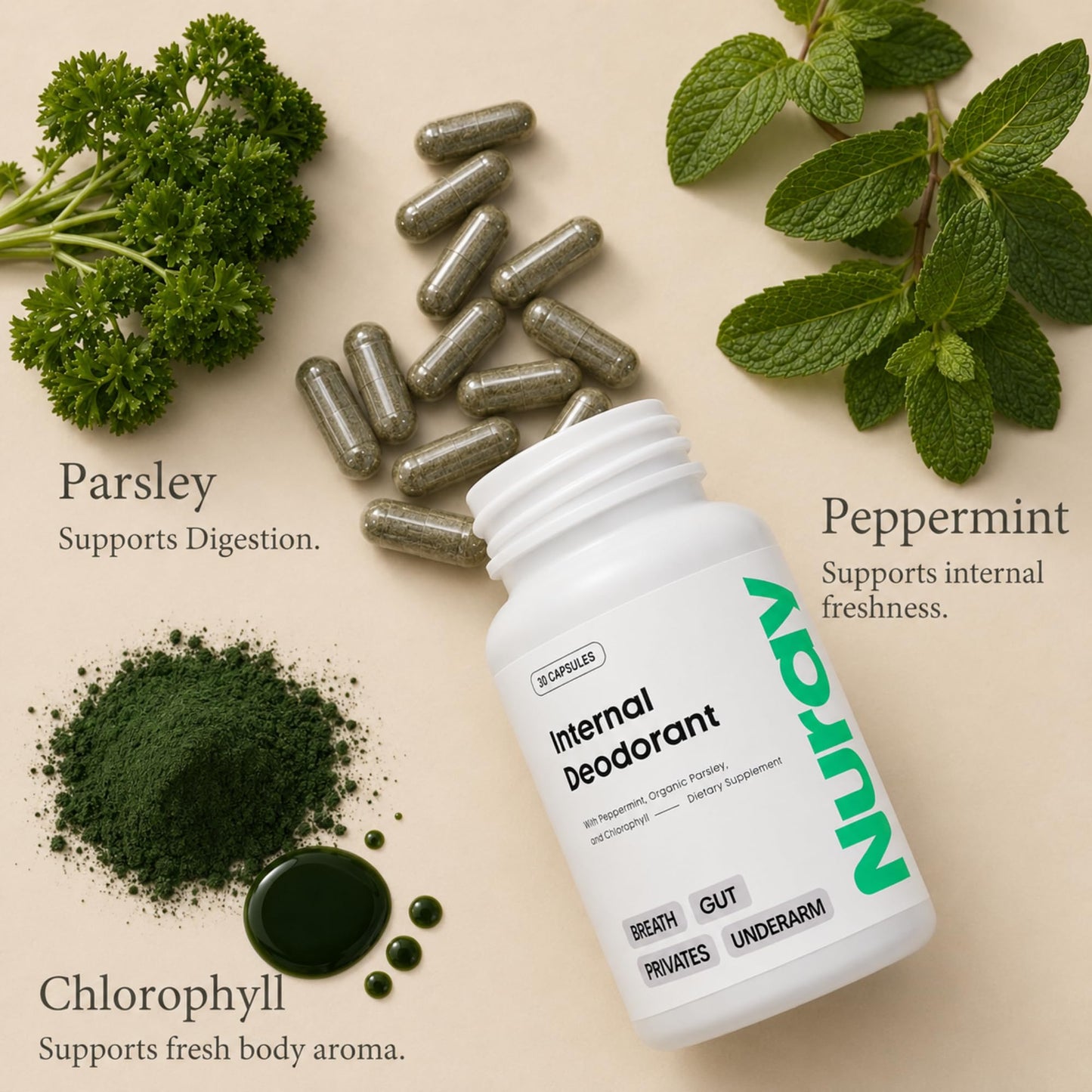 Nuray Internal Deodorant Supplement Natural Chlorophyll 30 Capsules