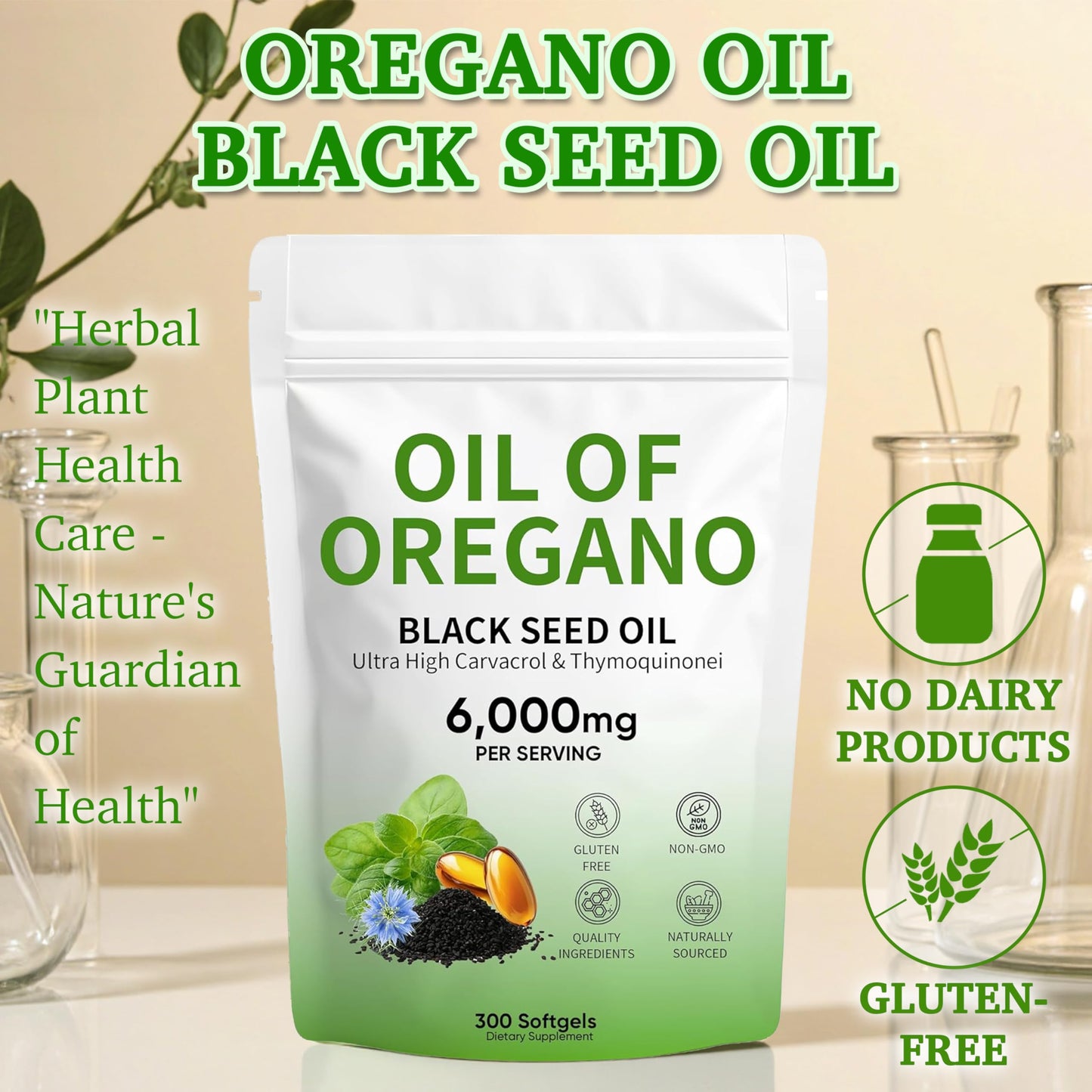 Plaxssuss Oil of Oregano with Black Seed Oil and Thymoquinone, 6000mg, Non-GMO, 300 Capsules