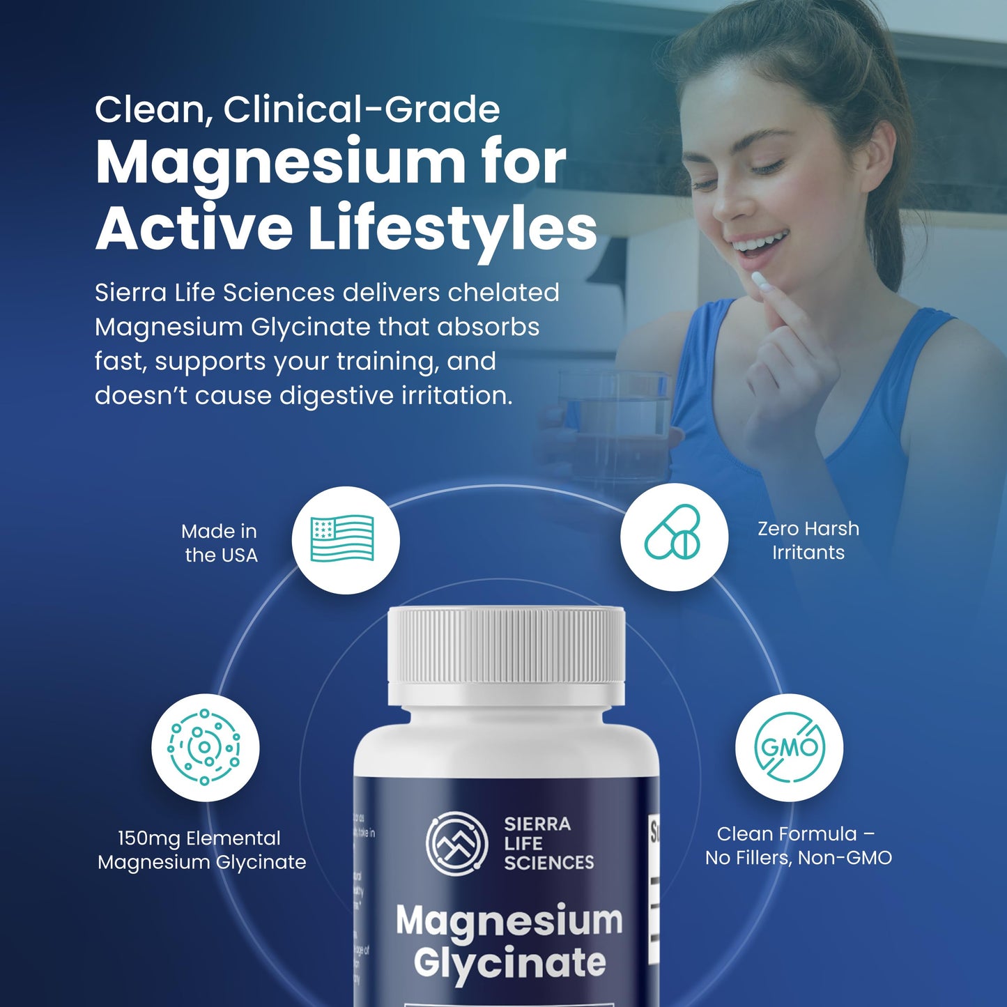 Sierra Life Sciences Magnesium Glycinate 150mg High Absorption Chelated Magnesium Supplement 60 Capsules