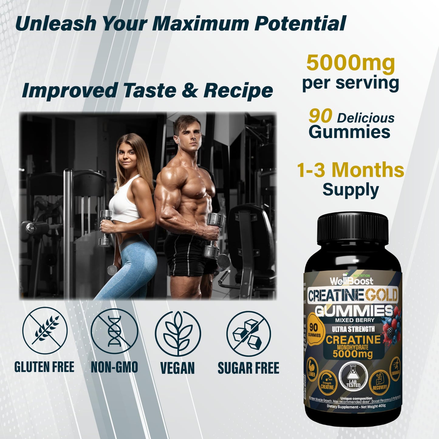 WellBoost Creatine Gold – 5000mg Creatine Monohydrate Gummy 90 Count