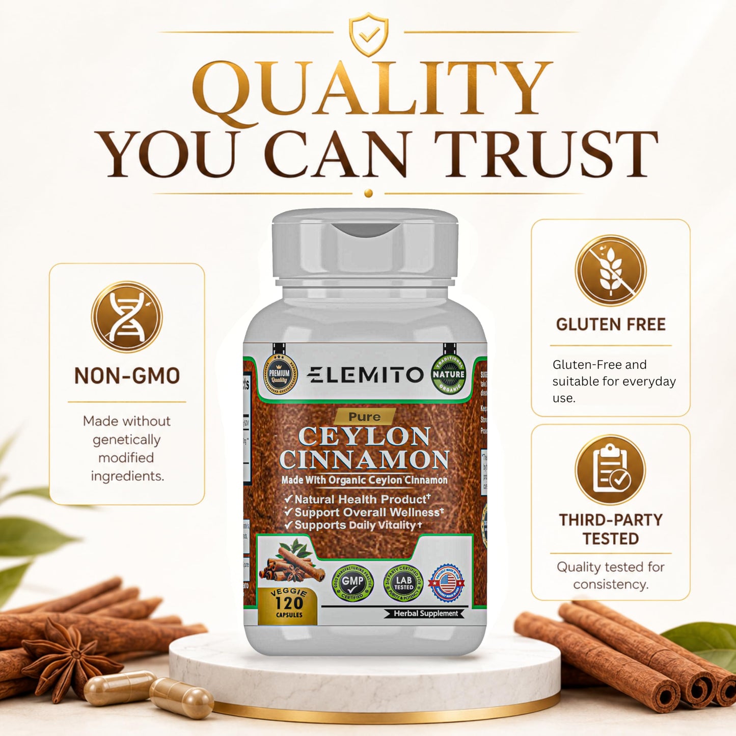 ELEMITO Organic Ceylon Cinnamon Capsules 120 Count