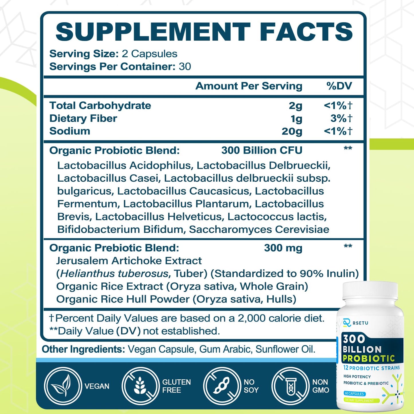 RSETU Probiotics for Women and Men Capsule, 60 Capsules, 300 Billion CFU High Potency + 12 Strains with Prebiotics