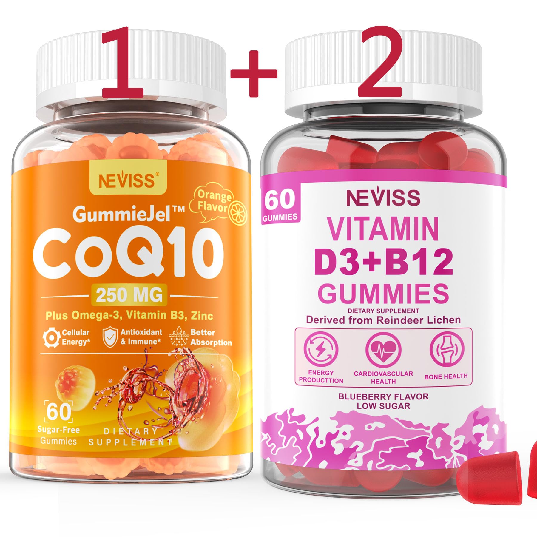NEVISS Sugar-Free CoQ10-250mg Filled Gummies and Vegan Vitamin D3 5000IU & Methyl B12 1000mcg Gummies, 180 Gummies