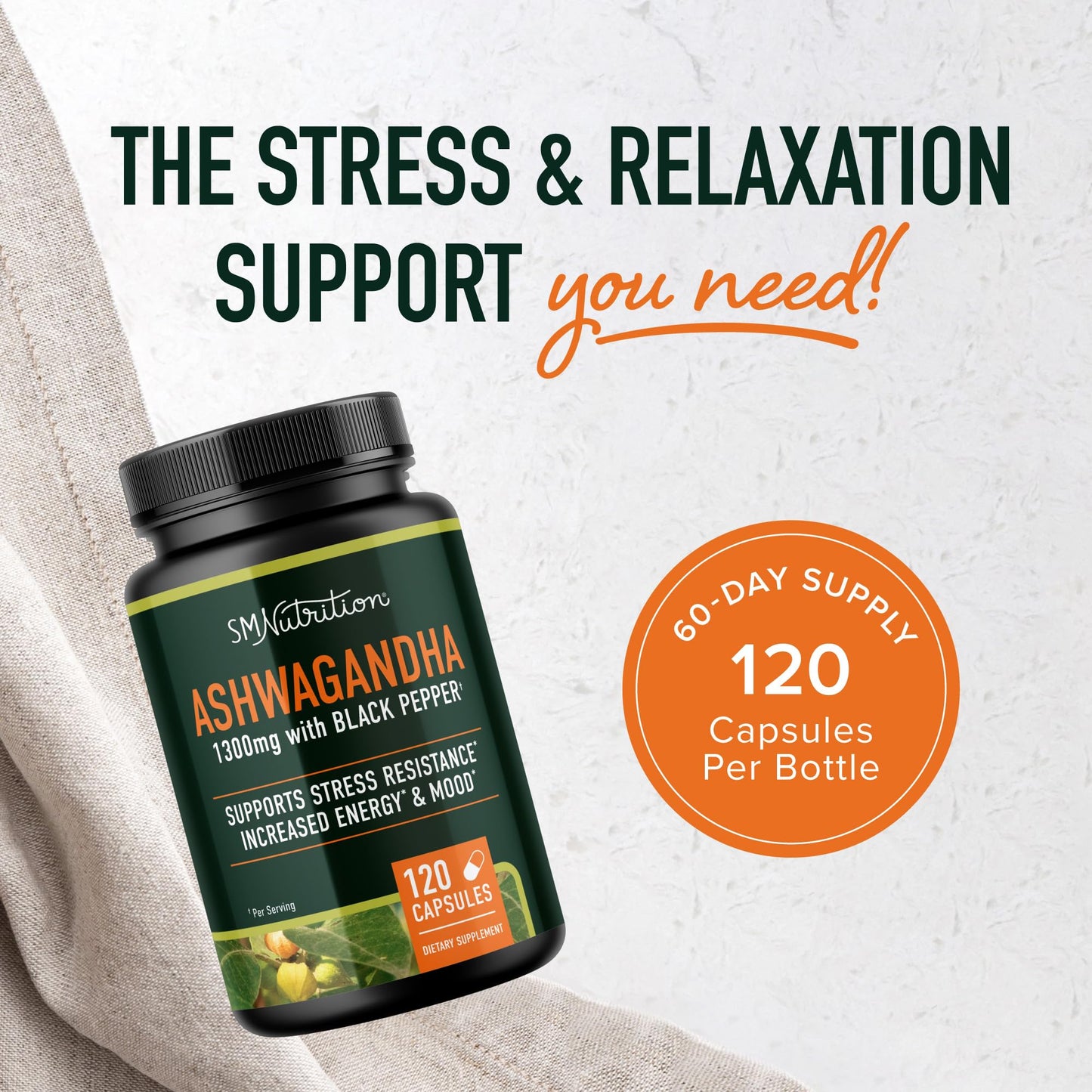 SMNutrition Ashwagandha Supplement 1300mg, Stress Resistance & Energy, High Absorption Capsule, 120 Capsules