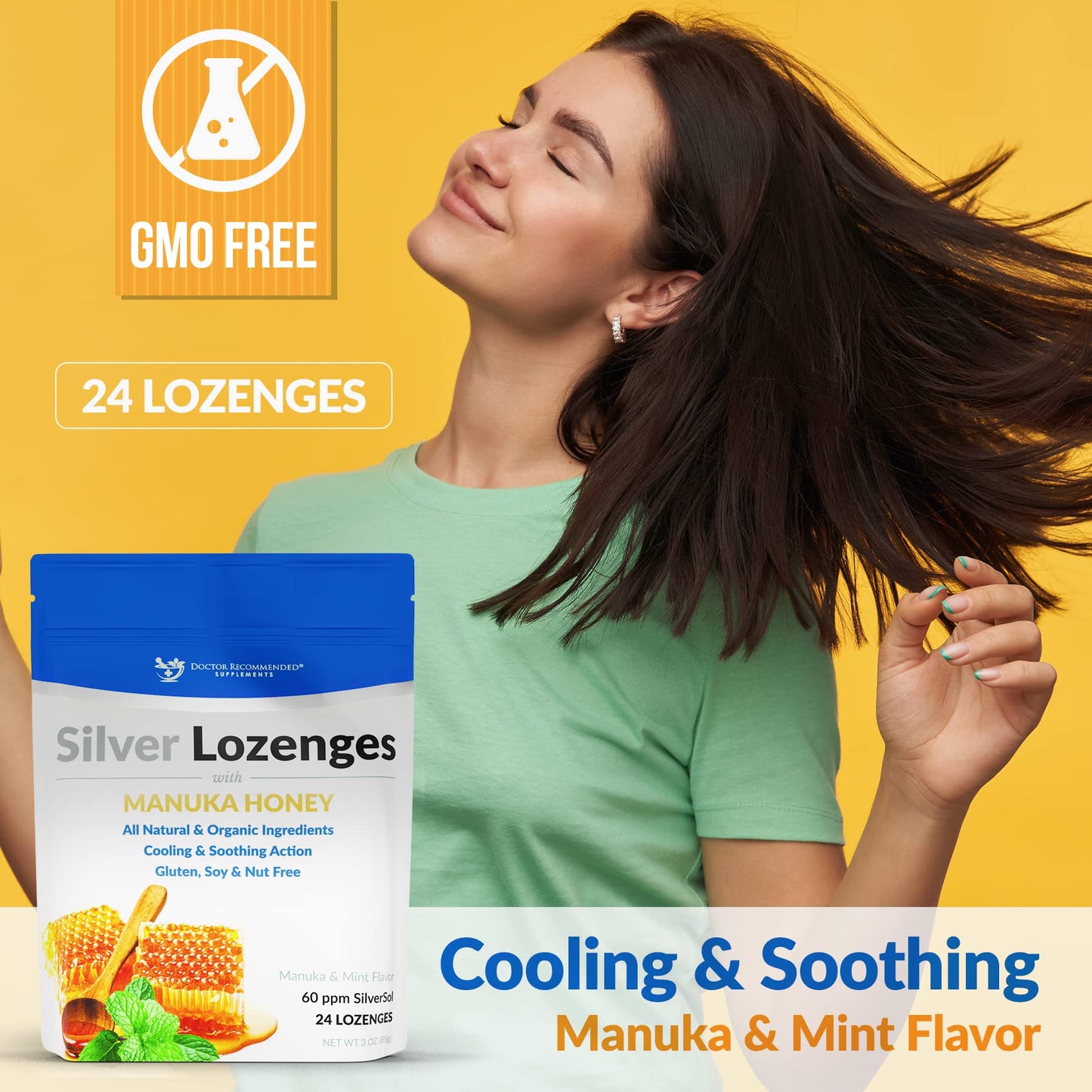 DOCTOR RECOMMENDED SUPPLEMENTS Silver Lozenges with Organic Manuka Honey and Vitamin C - All-Natural Nano Silver 45-50mcg of 60 PPM Colloidal Mineral Drops to Support Immune System, Soothe, Cool Cough & Throat, 96 Lozenges
