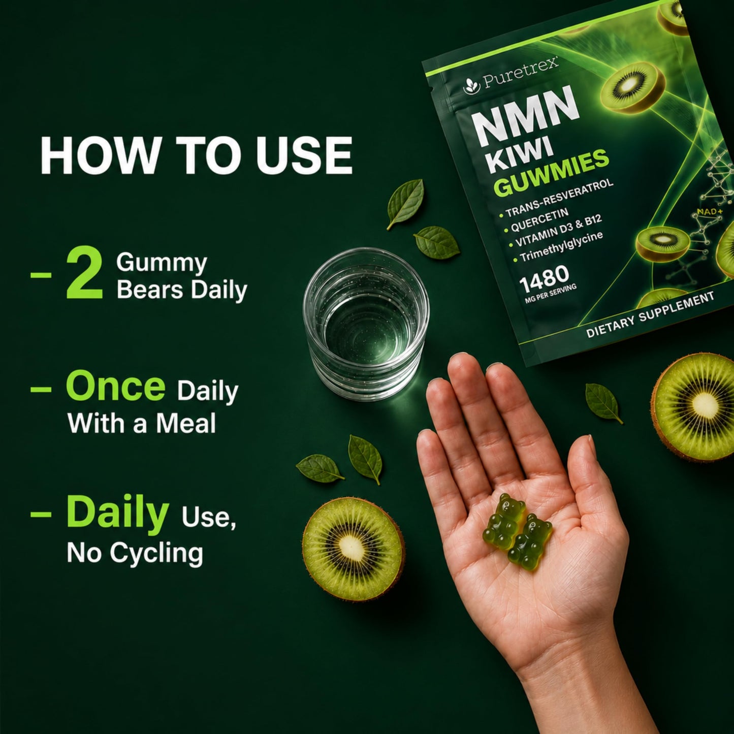 PURETREX NMN Gummies 500mg with Trans-Resveratrol 200mg, Vitamin D3 B12, 1 Count