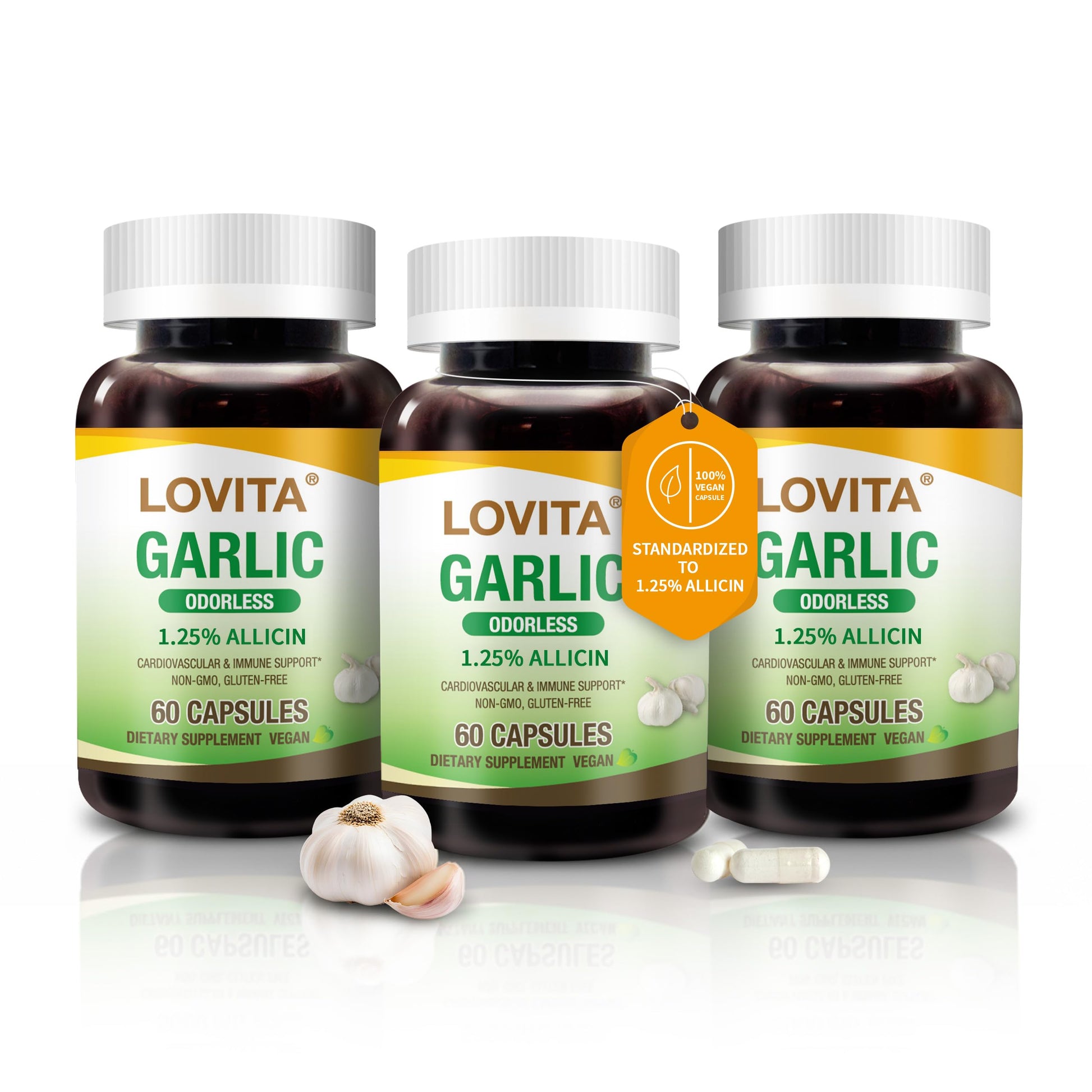 LOVITA Odorless Garlic Extract, High Potency, Standardized to 1.25% Allicin, Supports Heart, Blood Pressure, Cholesterol & Immune System, Non-GMO, Gluten-Free, 180 Vegan Capsules