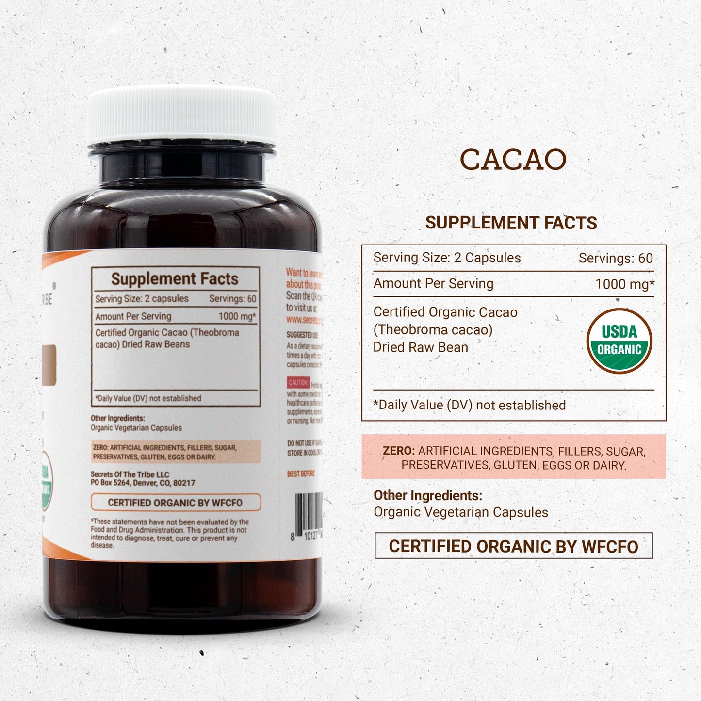 Secrets of the Tribe Cacao 1000 mg Capsules, 120 Count