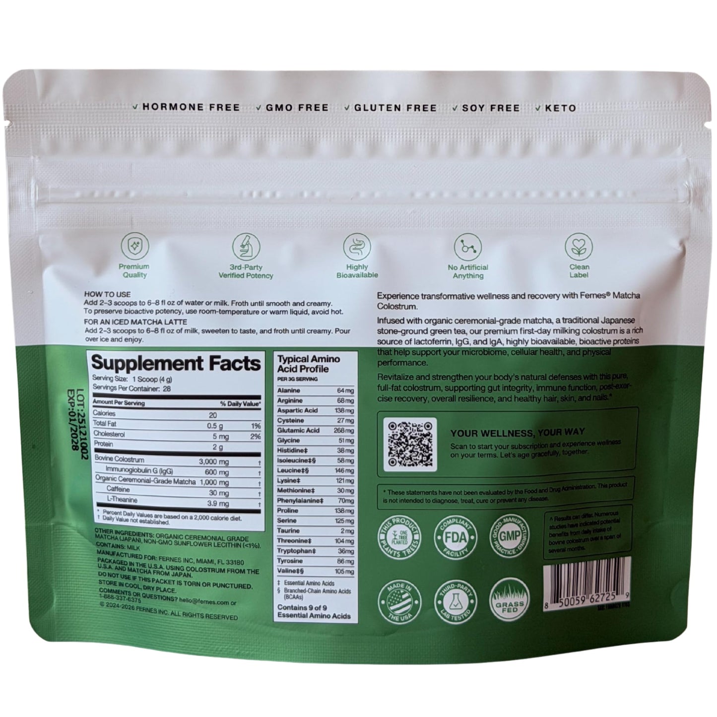 Fernes Matcha Colostrum Powder for Women & Men, 3.95 oz