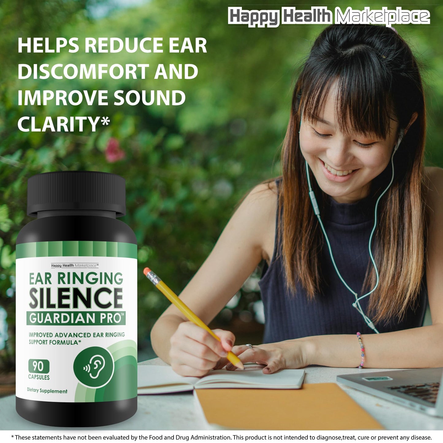Happy Health Marketplace Ear Ringing Silence Guardian Pro Improved Advanced Ear Ringing Support Formula Tinnitus Relief Hearing Loss Supplement 90 Capsules