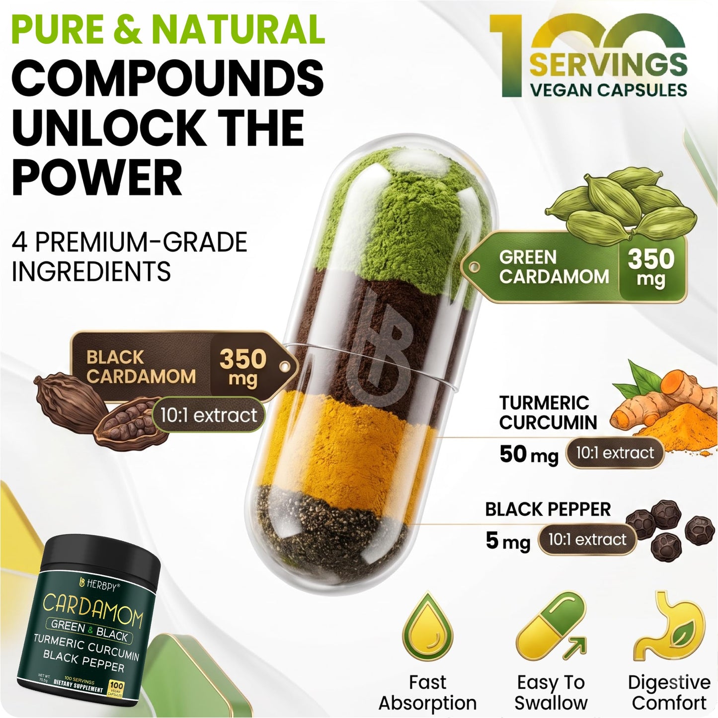 Herbpy 4in1 Cardamom Powder Capsules 100 Count