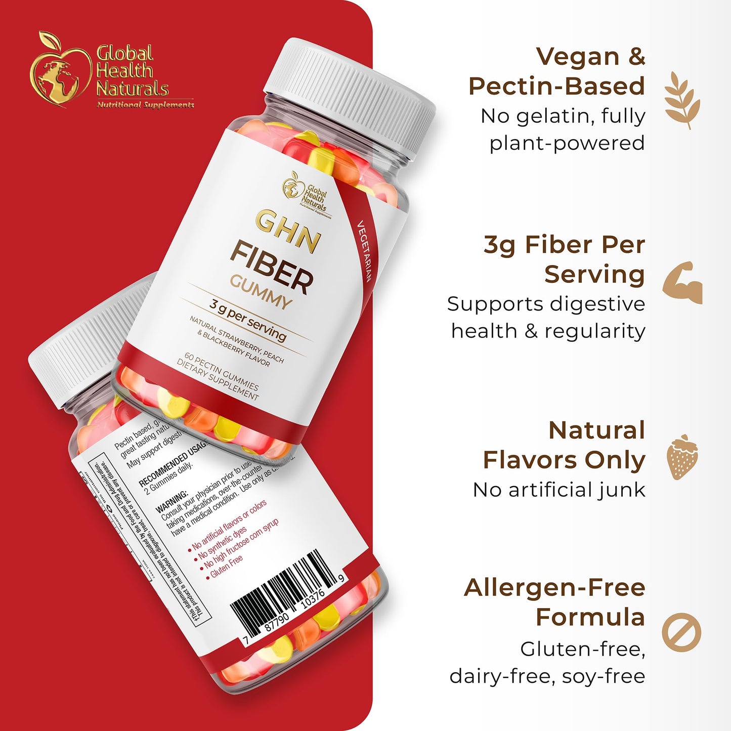 Global Health Naturals Nutritional Supplements Vegan Fiber Gummies Gummy, 60 Count
