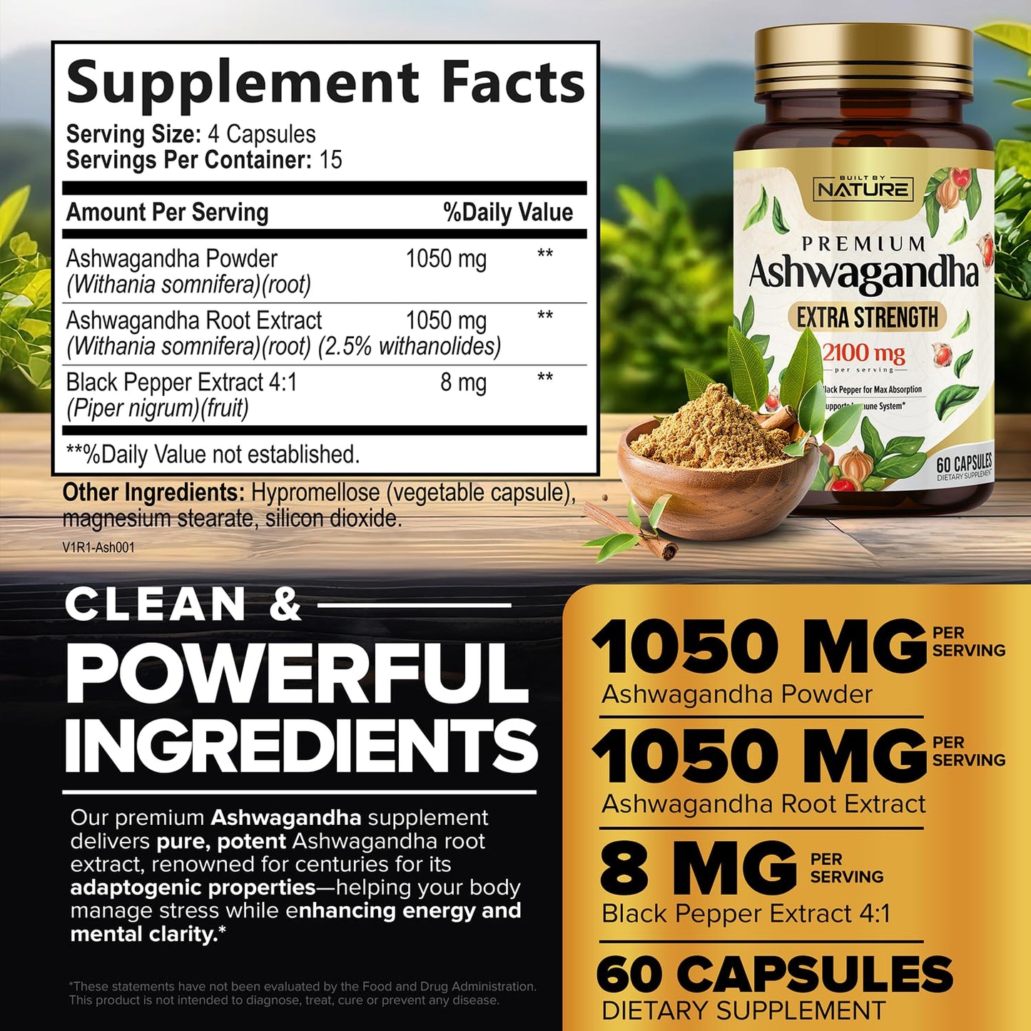 Built by Nature Ashwagandha 2100mg Extra Strength Stress Relief & Mood Support with Black Pepper Extract for Max Absorption Capsules, 60 Count