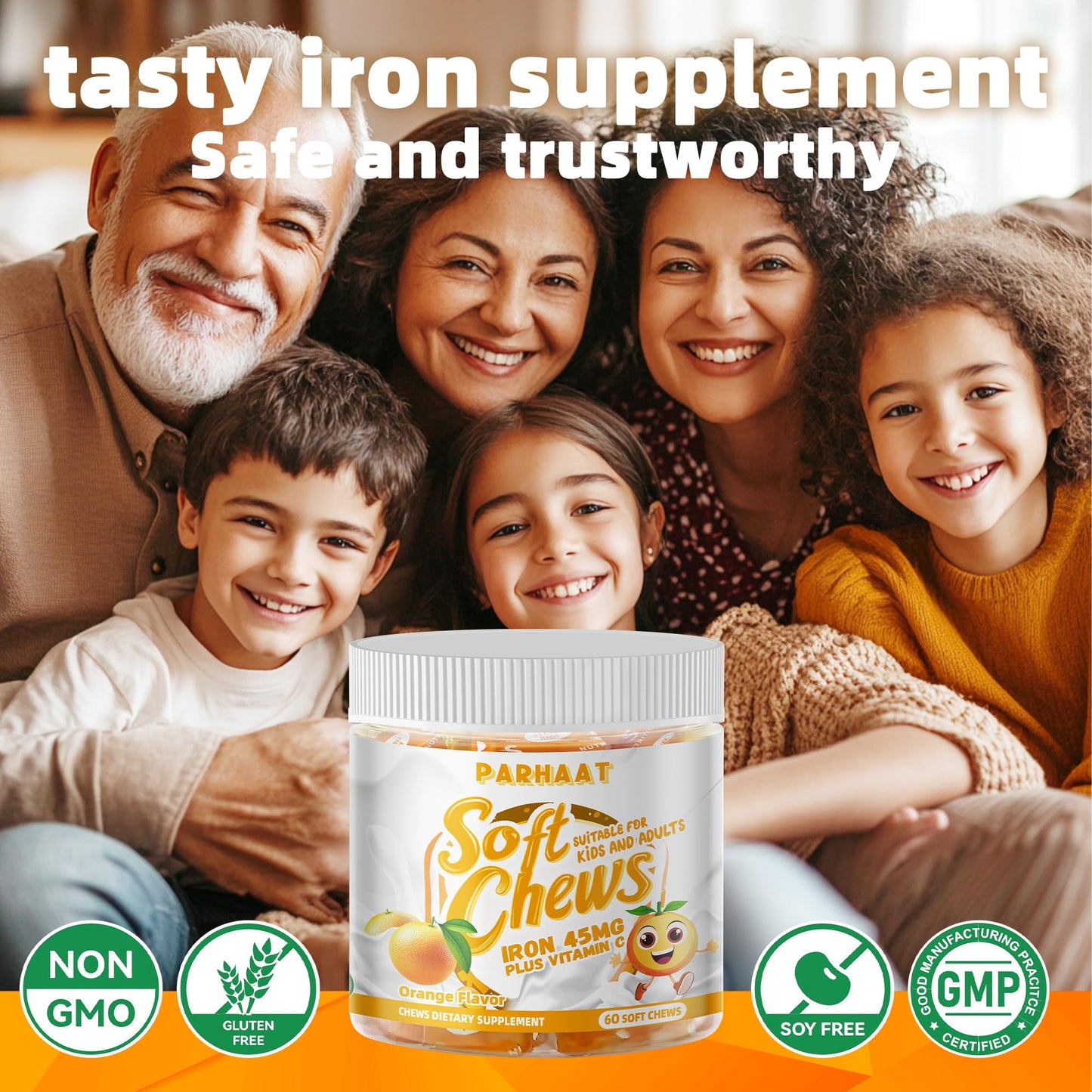 Parhaat Iron Soft Chews with Vitamin C, Orange Flavored, 60 Count
