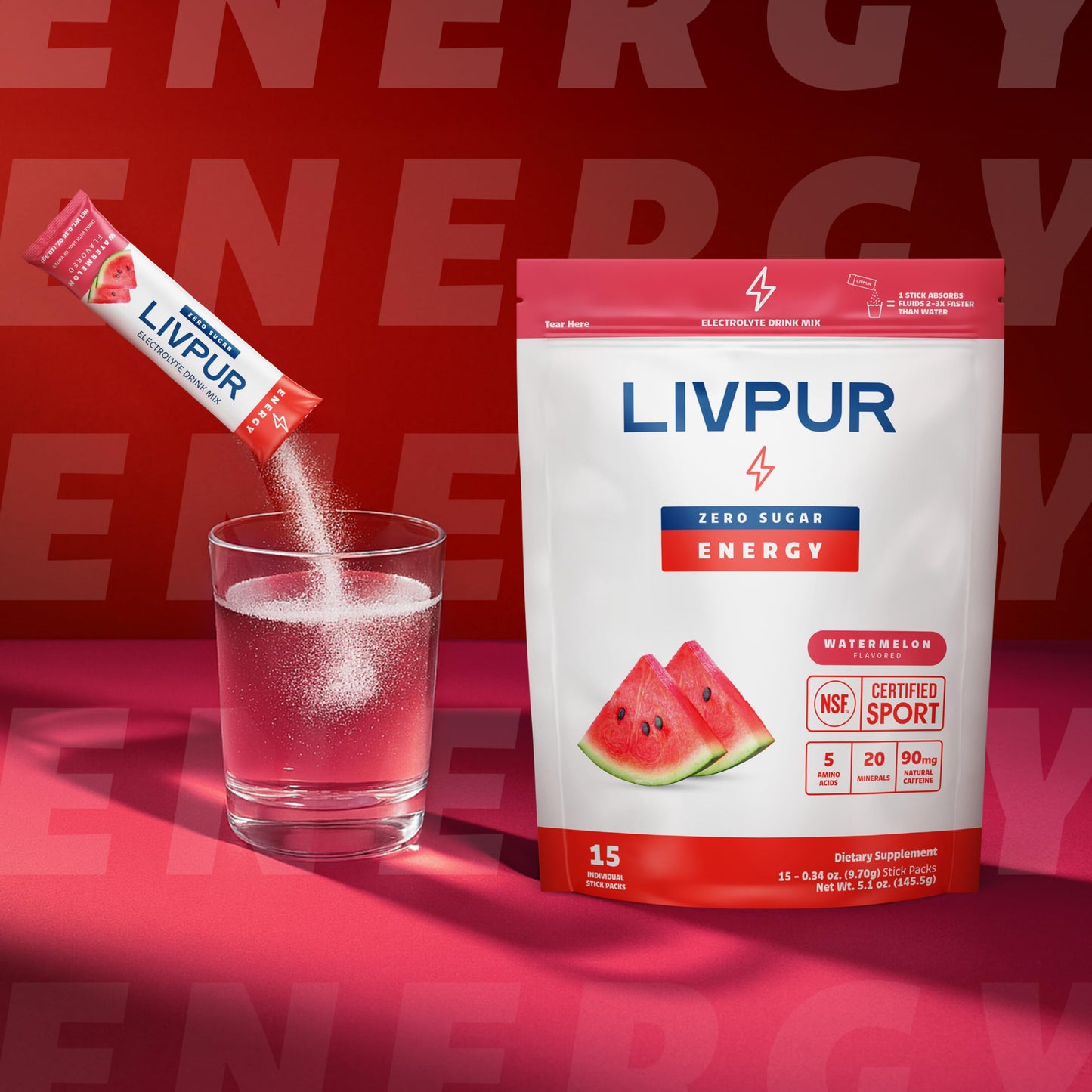 LivPur Nutrition Energy Electrolyte Mix Watermelon Natural Caffeine Powder 5.2 Ounce