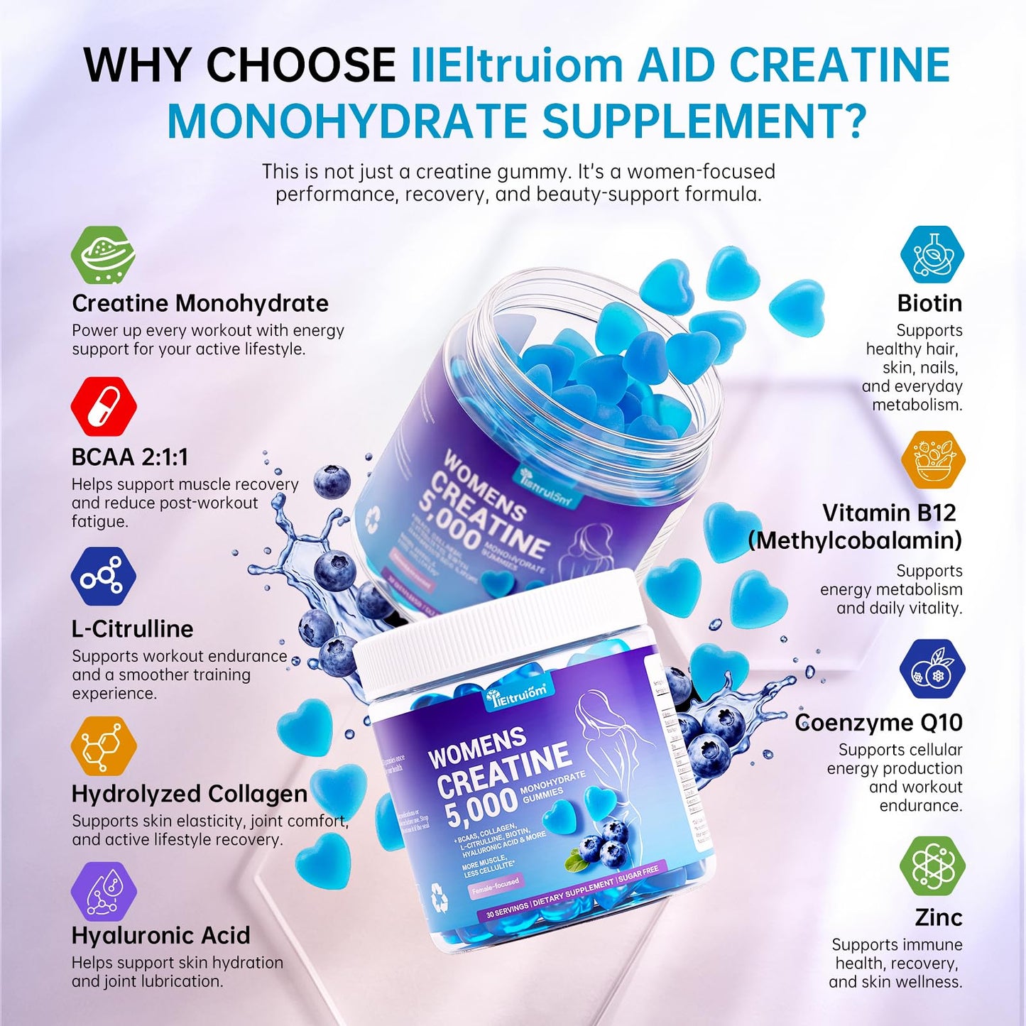 IIEltruiom Creatine Gummies for Women 5000mg, Sugar Free Creatine Monohydrate Chews with Collagen & BCAA, Pre Workout Supplement, 90 Gummies