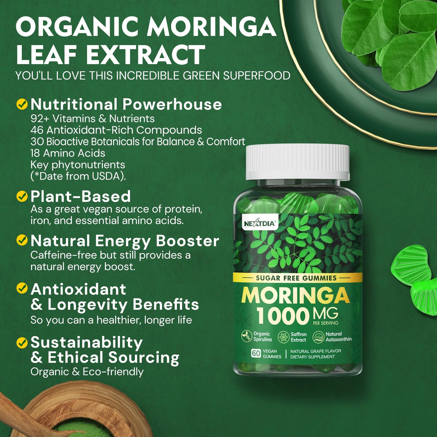 Nextdia Moringa Gummies 1000mg, 60 Count