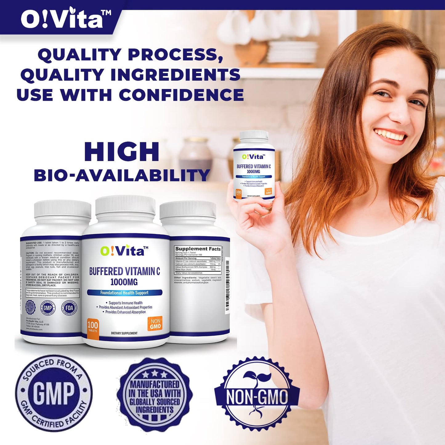 O!VITA Buffered Vitamin C 1000mg for Immune Health, Non-GMO Tablets, 100 Tablets
