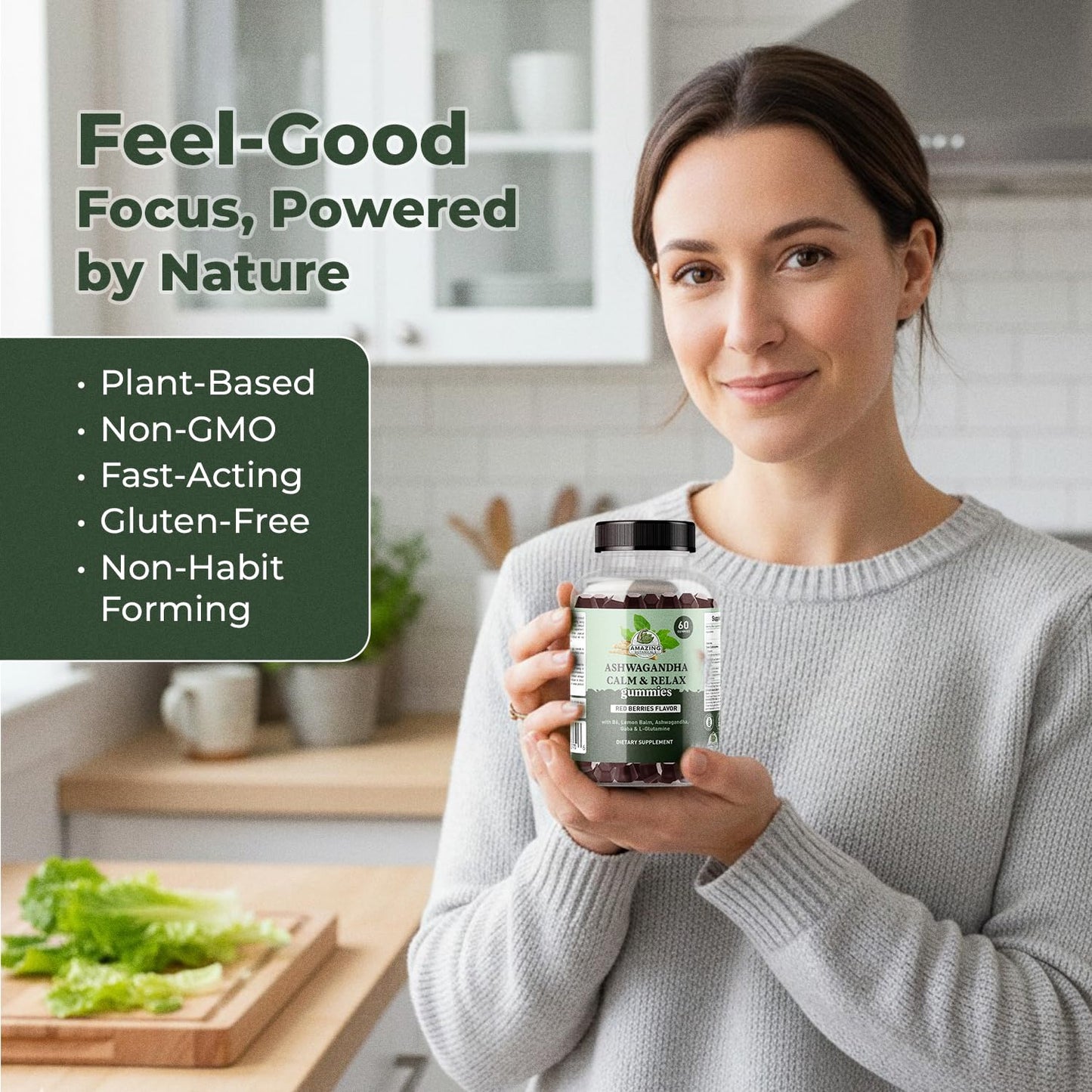Amazing Botanicals Ashwagandha Calm & Relax Gummies with Vitamin B6, Lemon Balm, GABA & L-Glutamine, 60 Gummies