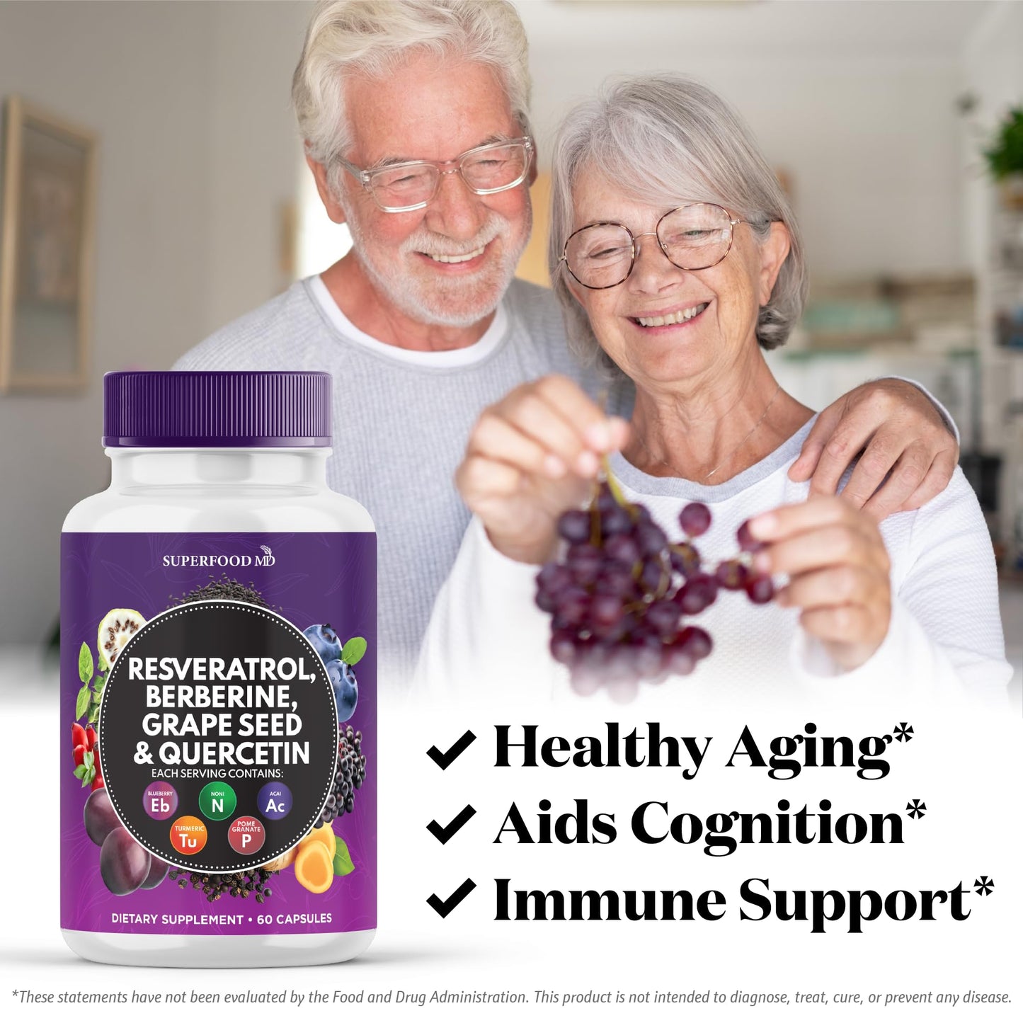 Superfood MD Resveratrol Berberine Grape Seed Extract Quercetin Polyphenol Capsule, 60 Capsules
