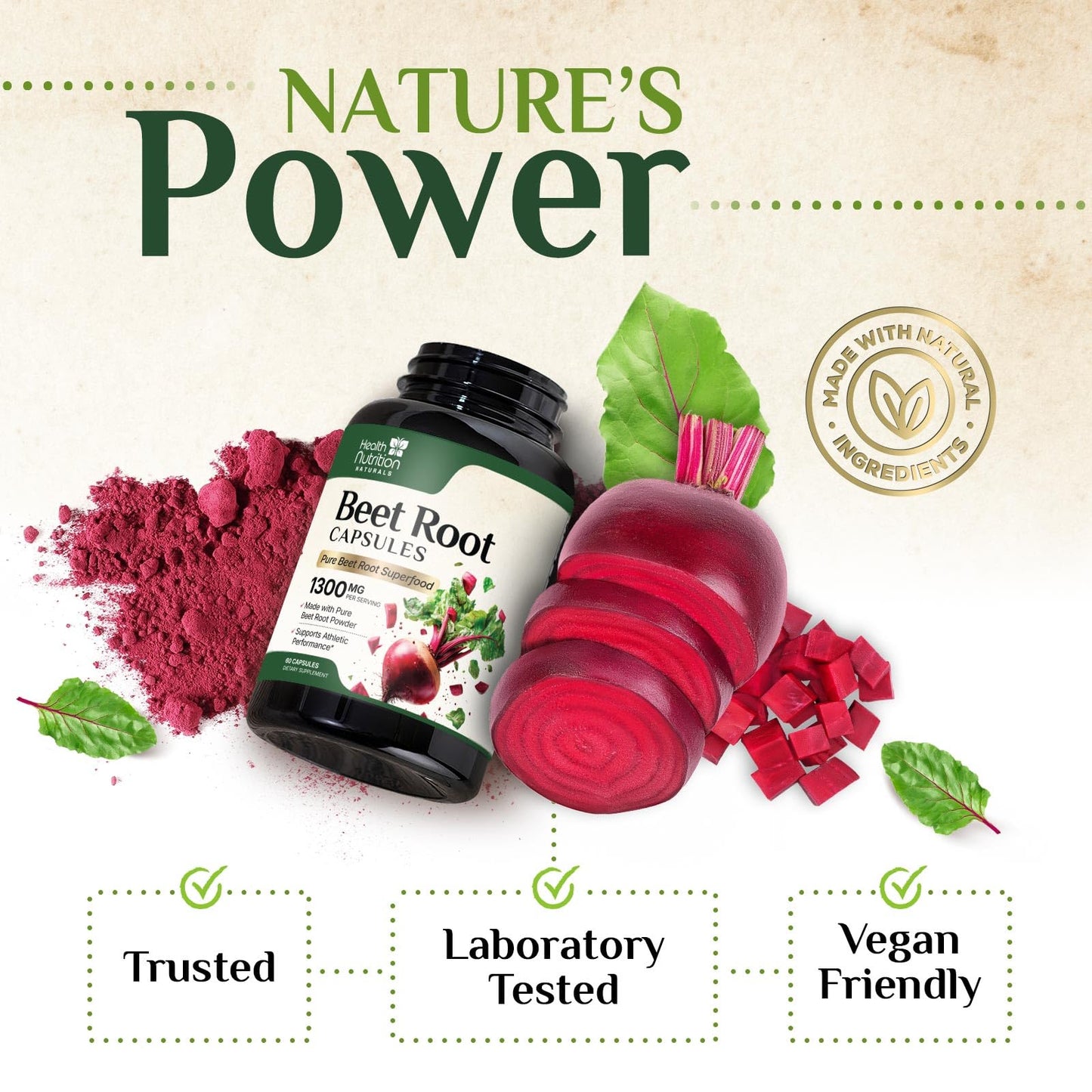 Health Nutrition Naturals Organic Beetroot Powder 1300mg per Serving Capsules, 60 Capsules