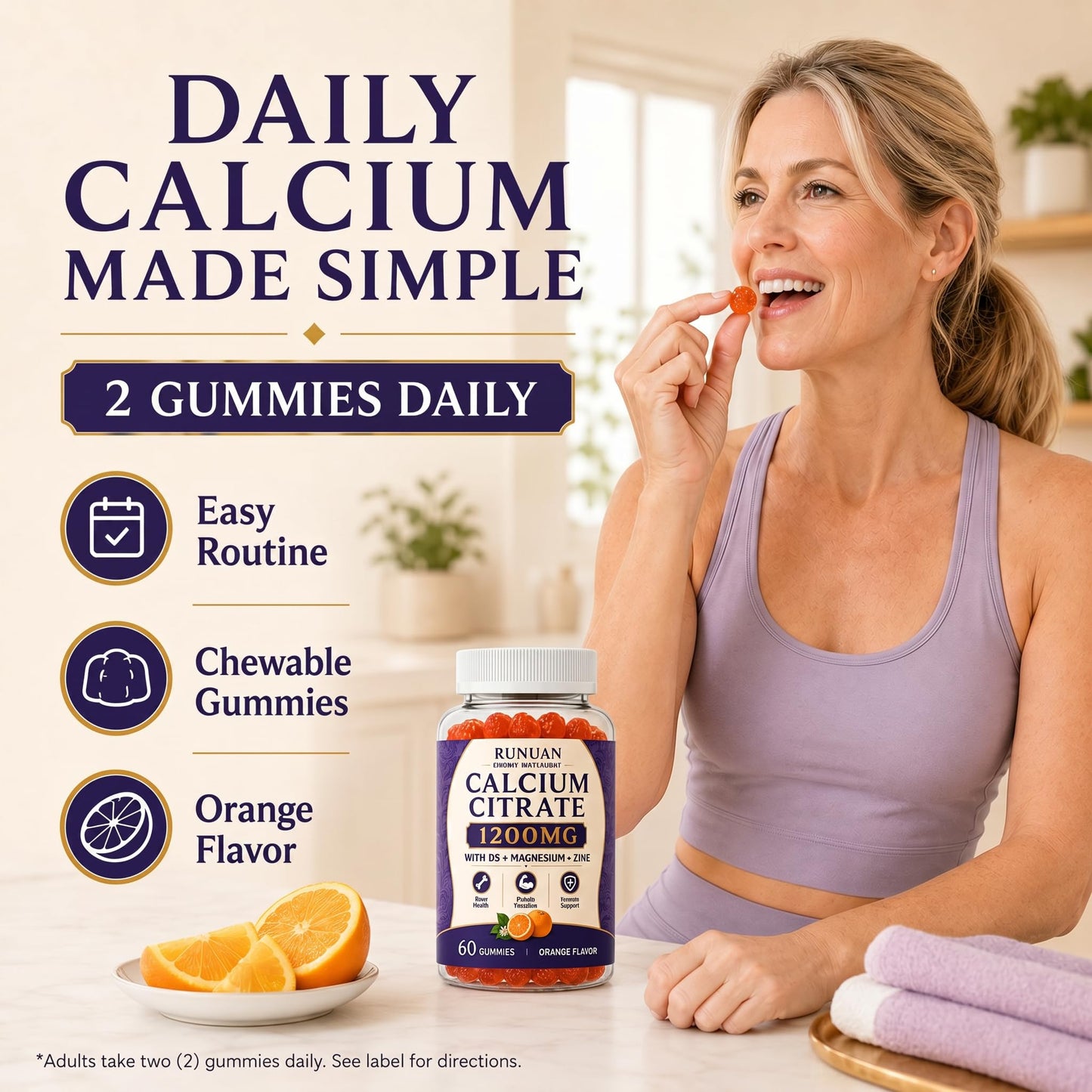 RUNUAN Calcium 600mg, 1200mg Magnesium, Zinc D3 Gummies, 120 Count