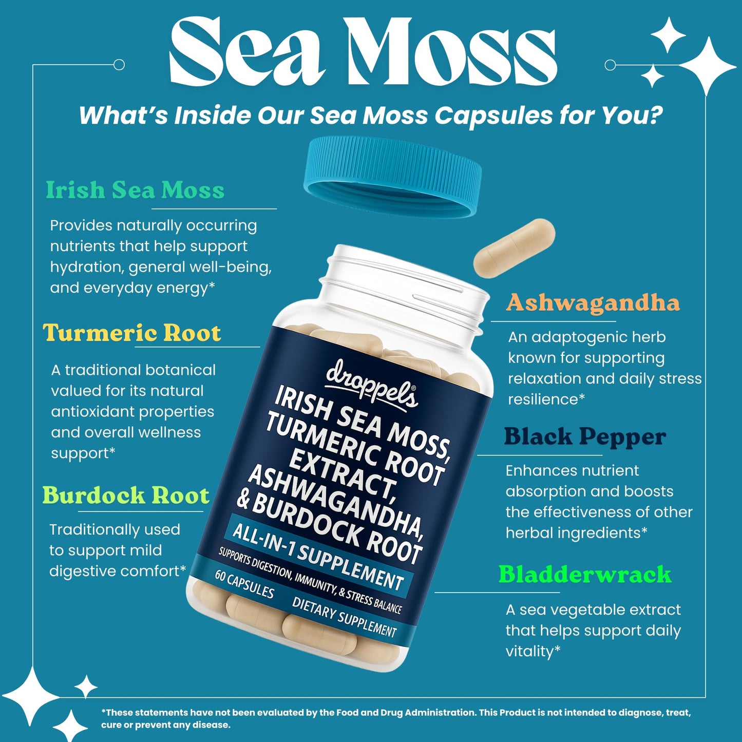 Droppels Irish Sea Moss Capsules with Turmeric, Ashwagandha, Black Pepper & Burdock Root – Natural Mineral Blend – Vegan, Non-GMO, 60 Capsules