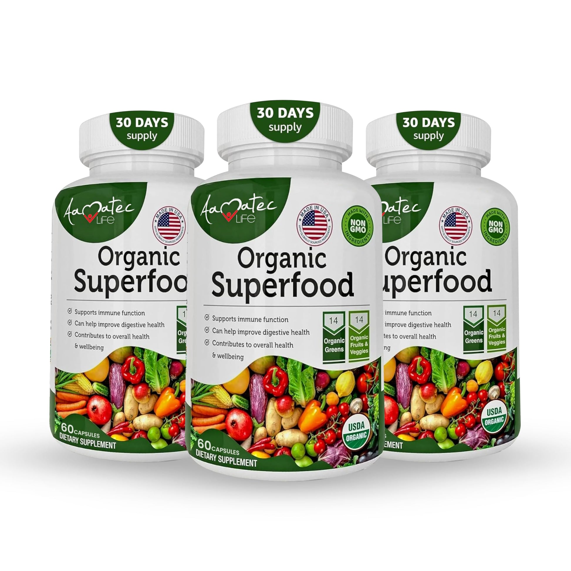 AAMATEC LIFE Organic Superfood Greens Fruits & Veggies Complex Capsules with Alfalfa, 180 Count