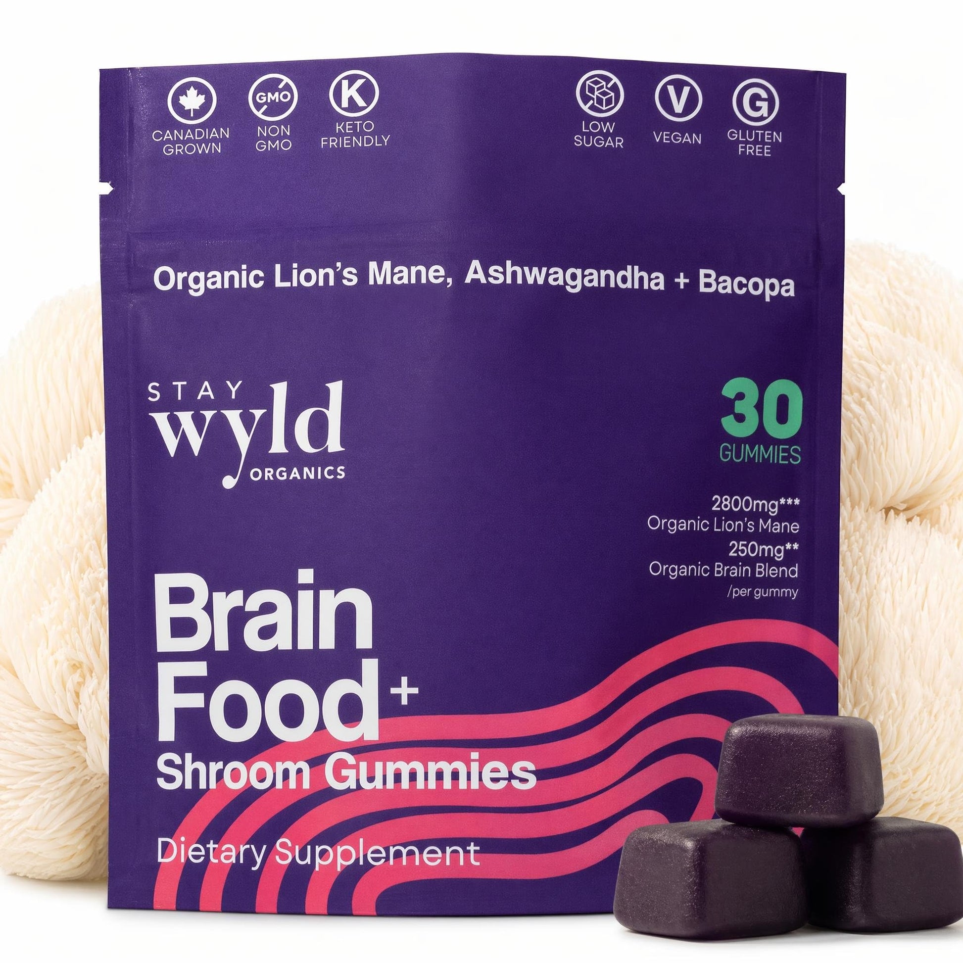 Stay Wyld Organics Brain Food+ Mushroom Gummies, 30 Gummies