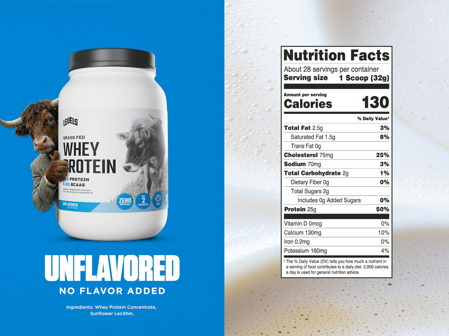 Levels Nutrition Grass Fed Whey Protein Powder, 32 Servings