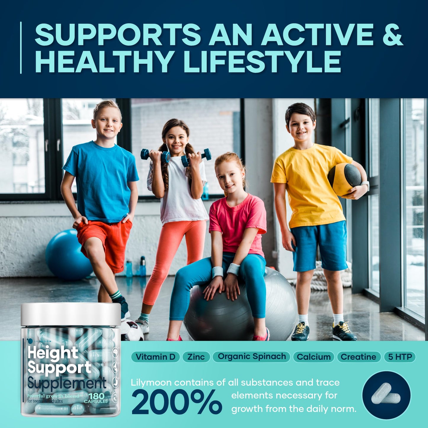 LM LILYNUTRAMOON Height & Bone Support Supplement for Kids & Teens with Calcium 180 Capsules
