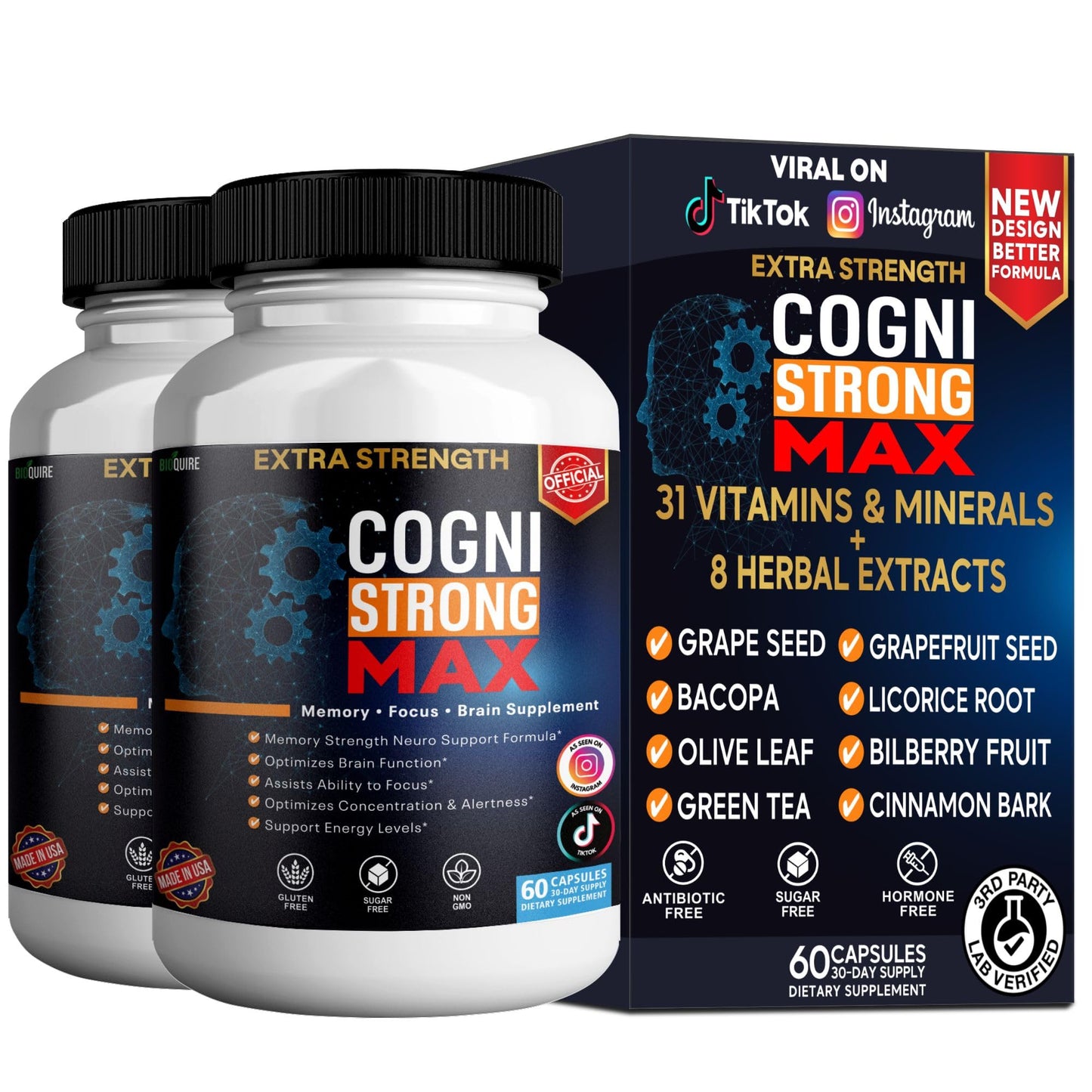 BIOQUIRE CogniStrong Max Extra Strength Memory and Focus Supplement 60 Capsules