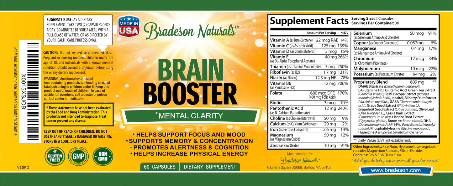 Bradeson Naturals Brain Booster Supplement for Focus, Memory, Clarity, and Energy 60 Capsules