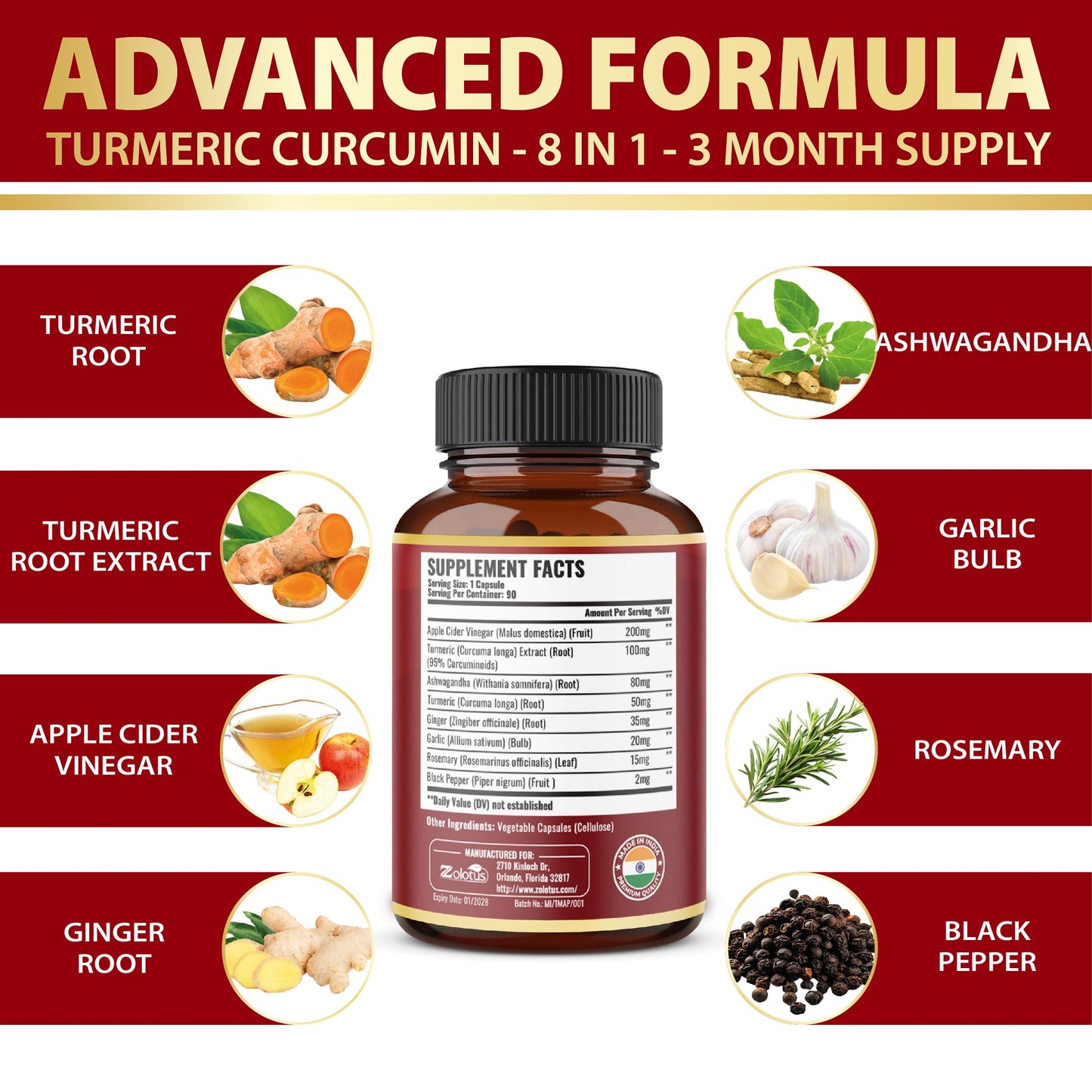 Zolotus Turmeric Curcumin + Apple Cider Vinegar Capsules 90 Count