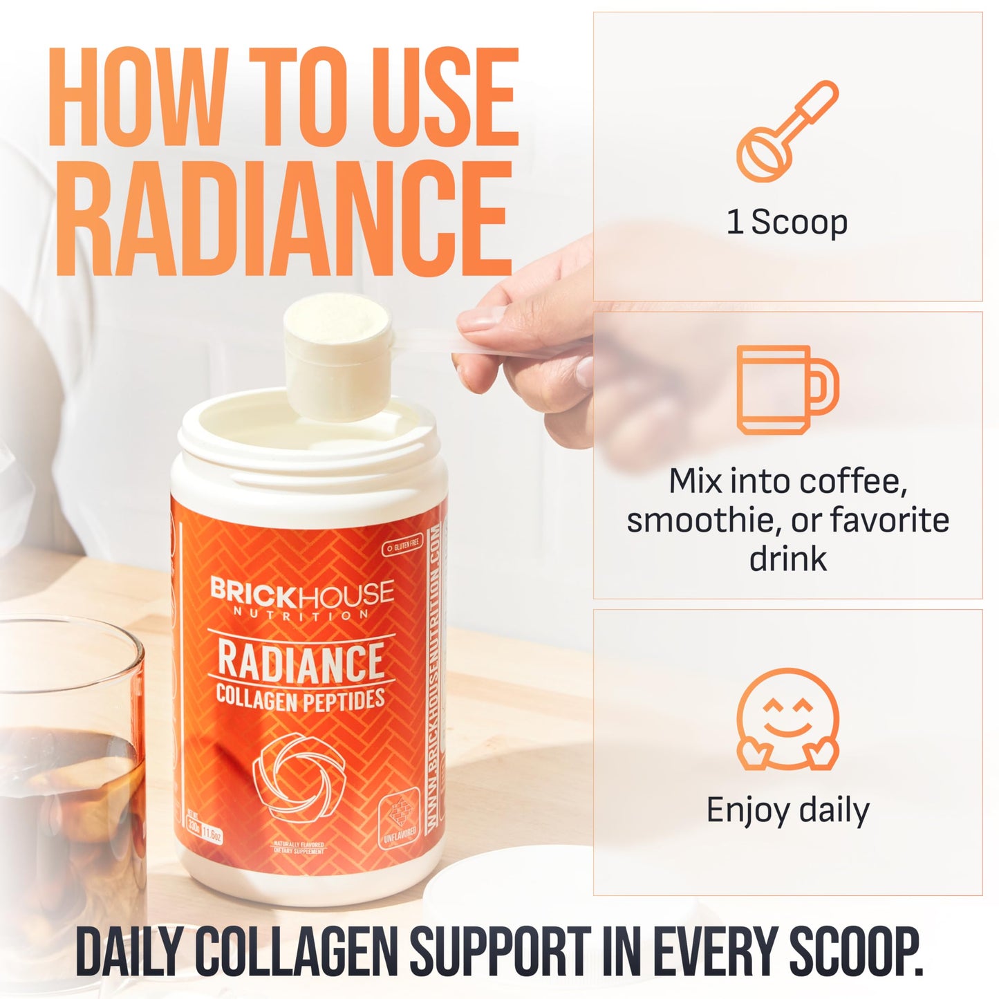BRICKHOUSE NUTRITION Radiance Collagen Peptides Powder for Skin & Hair Growth - Unflavored, 12