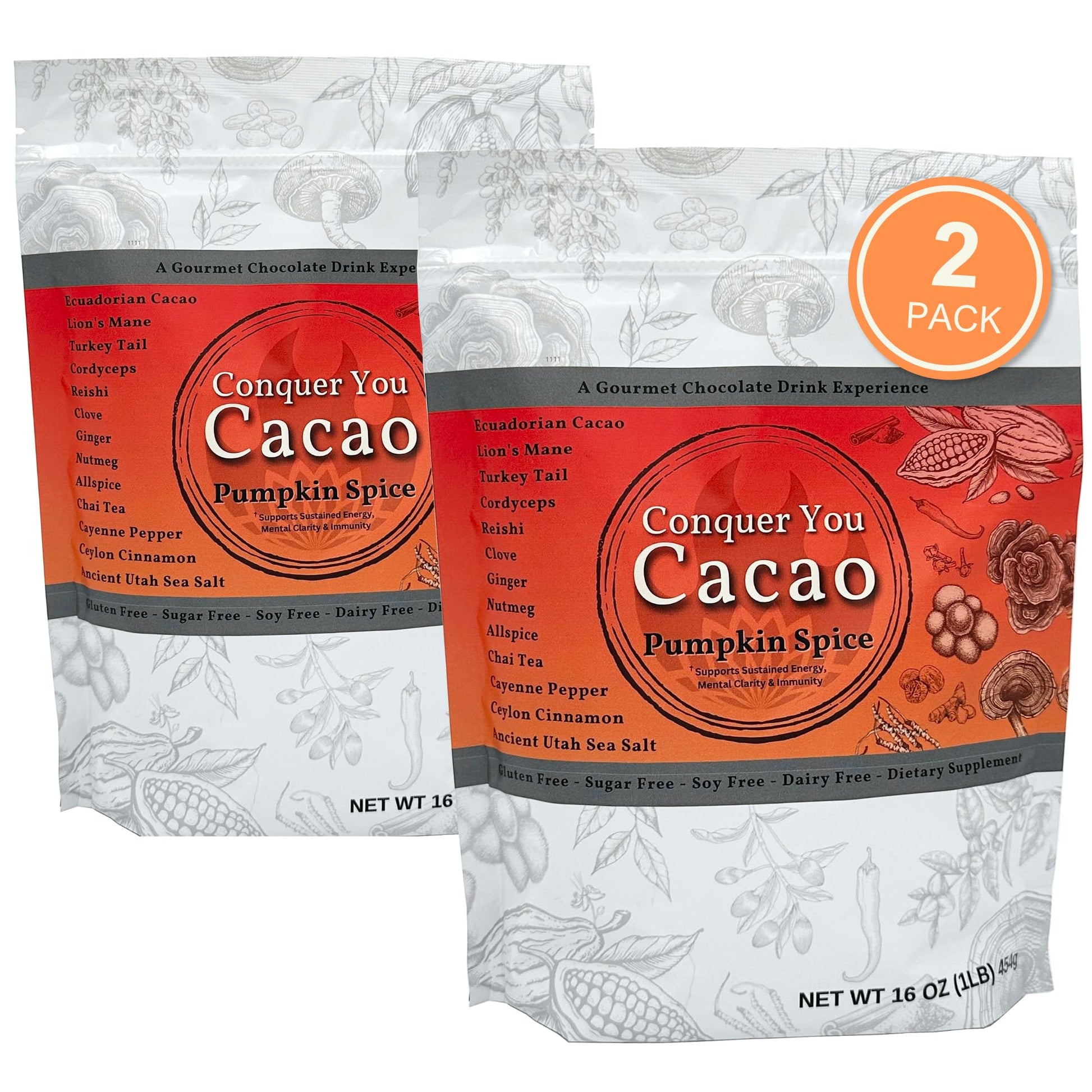 Conquer You Cacao Pumpkin Spice Organic Mushroom Hot Chocolate Drink Powder, 16 oz Pack of 2